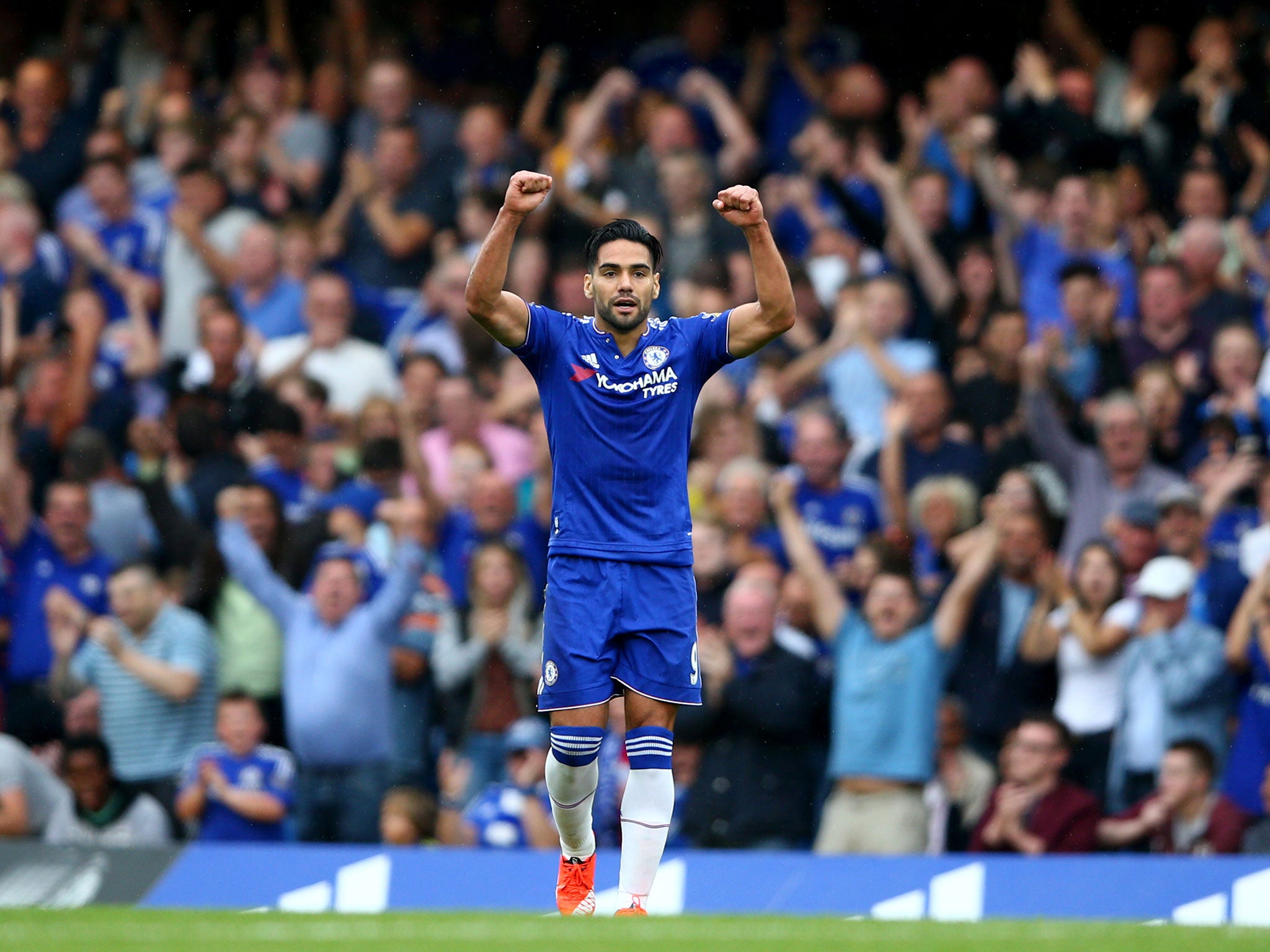 Radamel Falcao celebrates his first goal for Chelsea