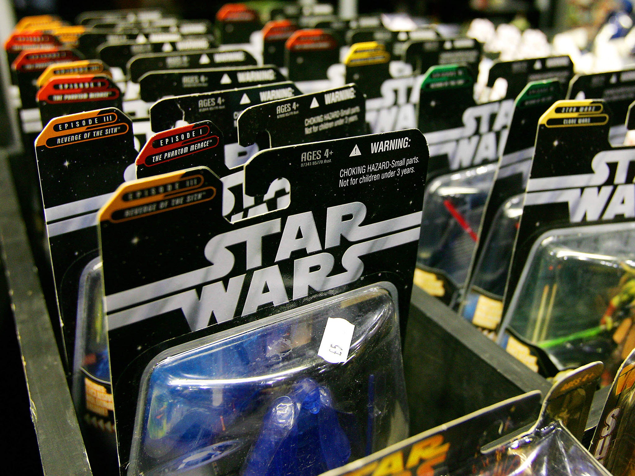 Star Wars science fiction film merchandise is seen on display at a stall at the Star Wars Celebration Europe event in London