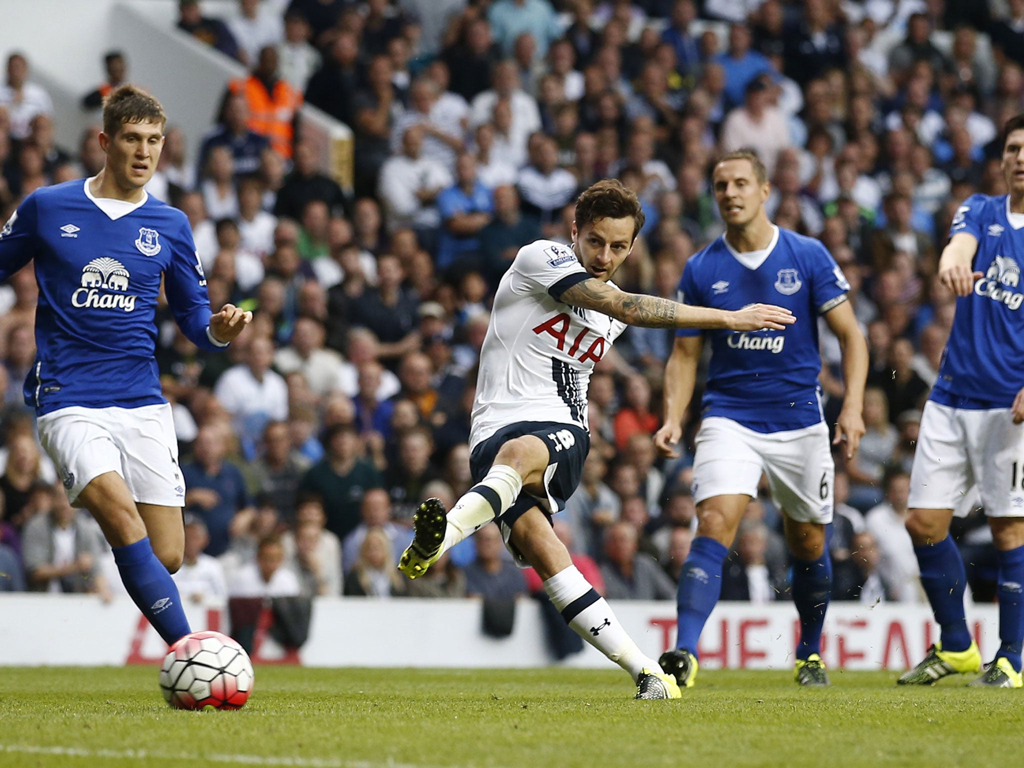 Ryan Mason has an effort on goal