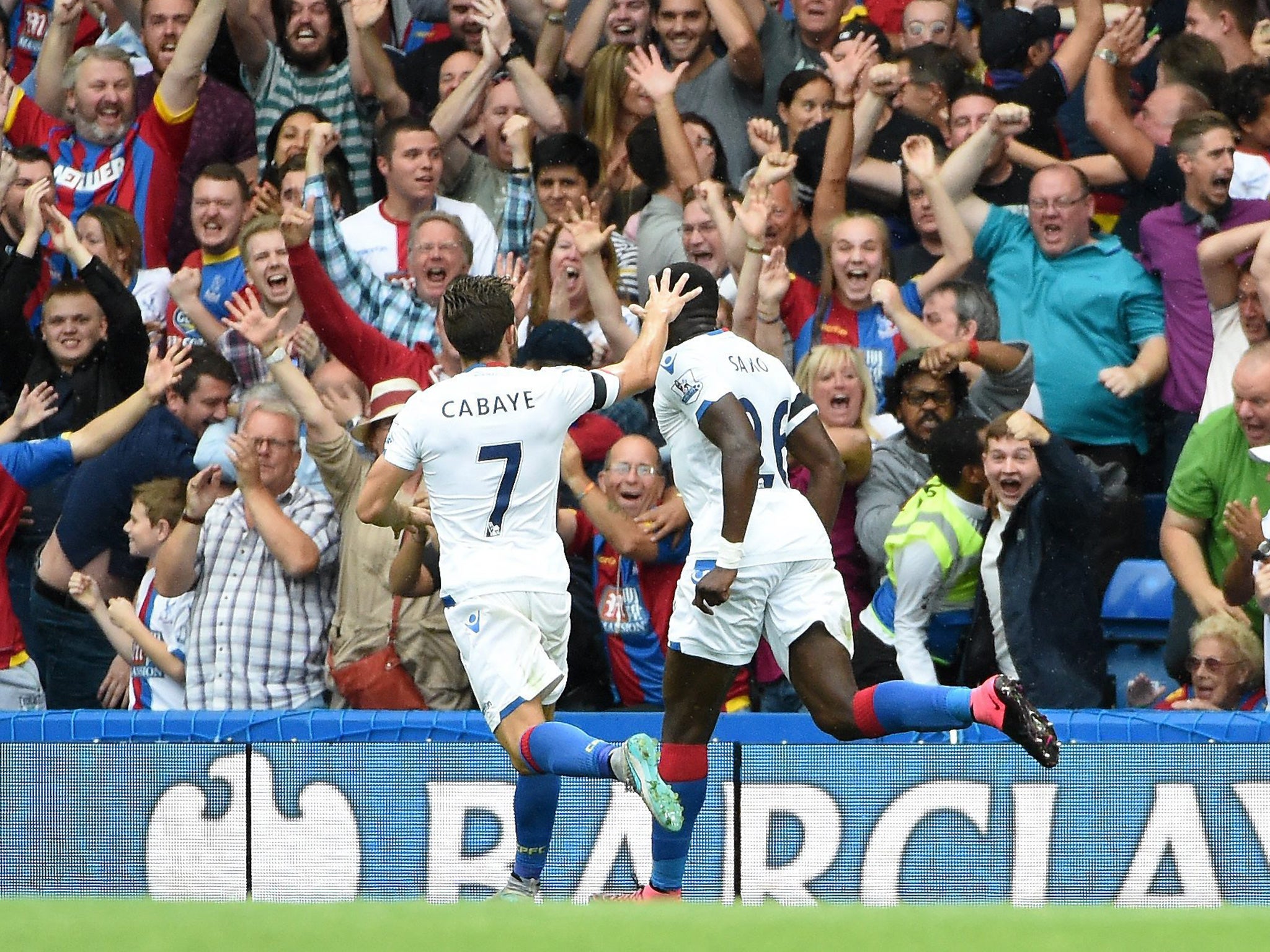 Crystal Palace's Bakary Sako celebrates with team mate Yoham Cabaye after scoring