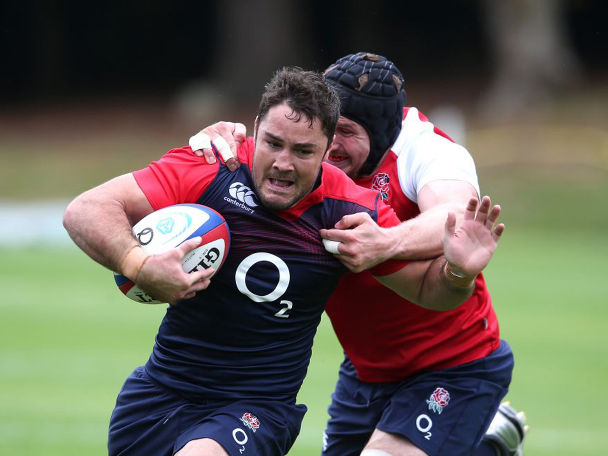 Brad Barritt is tackled by Ben Morgan during an England training session at Bagshot