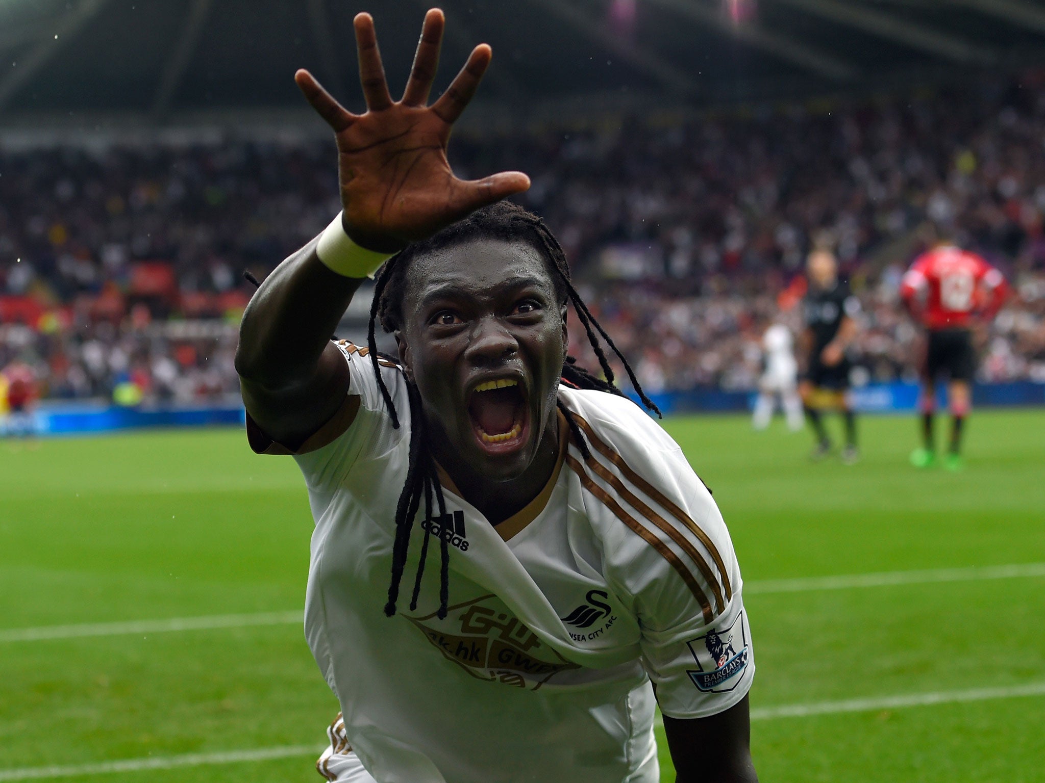 Bafetimbi Gomis celebrates his winning goal against Manchester United