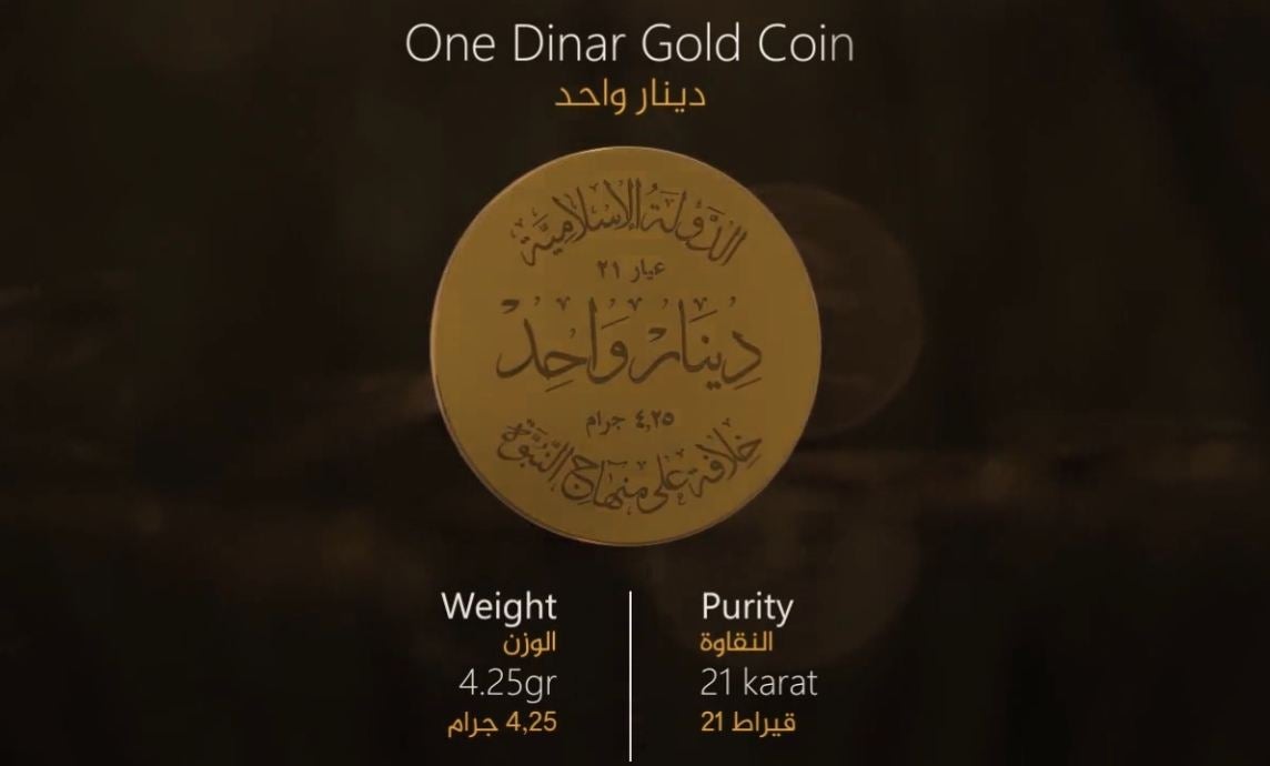 The new currency shown off by Isis, the gold dinar coin