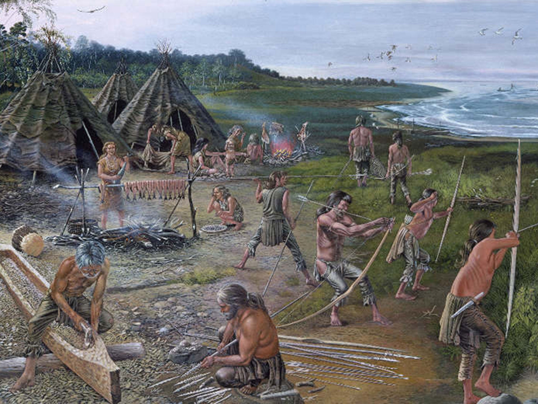 An artist’s impression of tribes fishing during the Mesolithic period. The new study aims to reveal the culture and lifestyle of prehistoric humans
