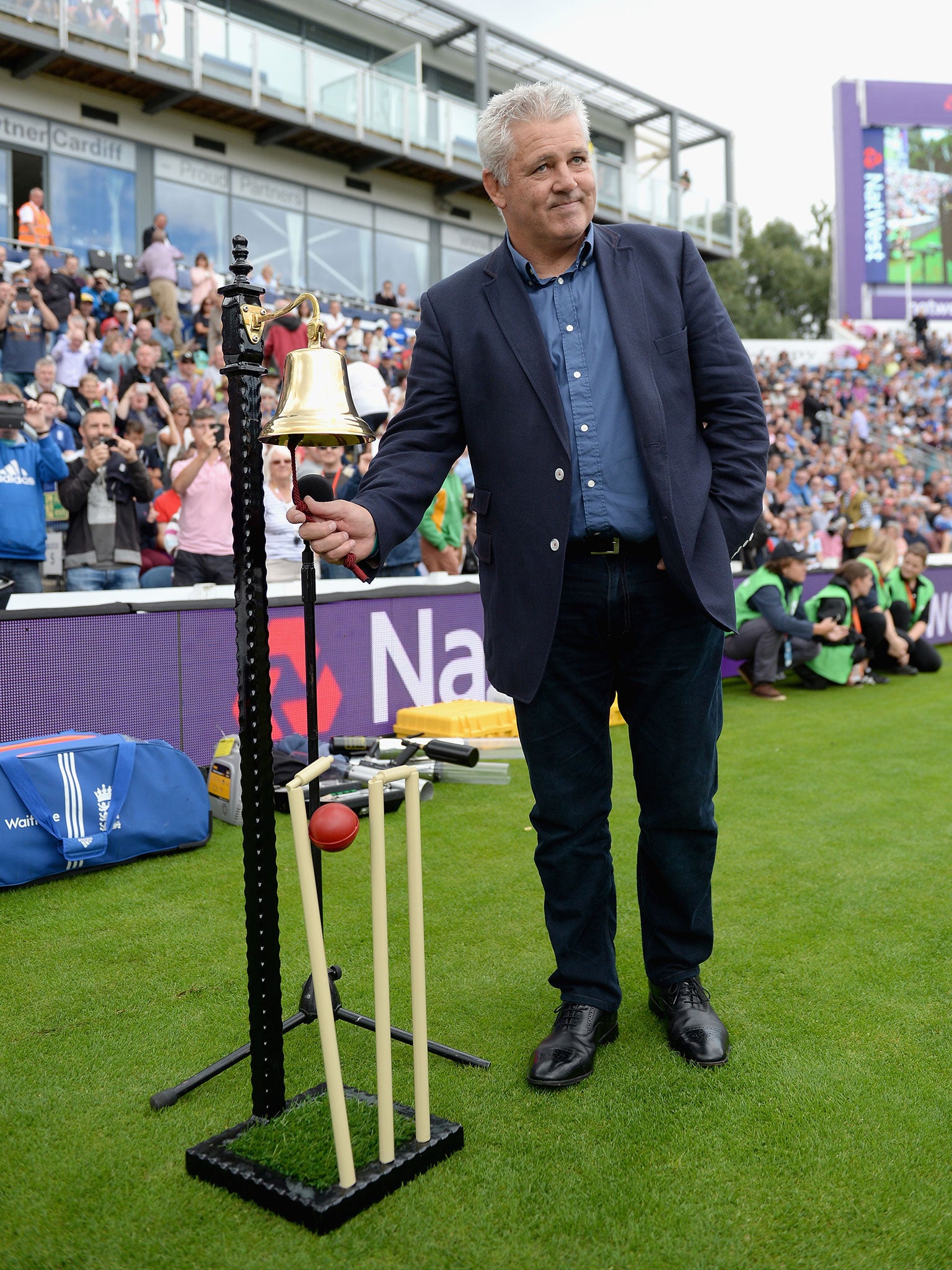 Warren Gatland rings the five-minute bell at the Twenty20 game between England and Australia at Sophia Gardens