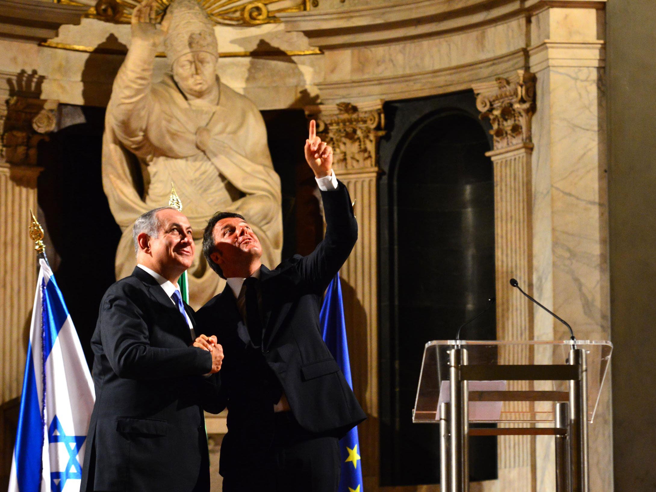 Isreali Prime Minister Benjamin Netanyahu meets with Italian Prime Minister Matteo Renzi at the City Hall of Florence