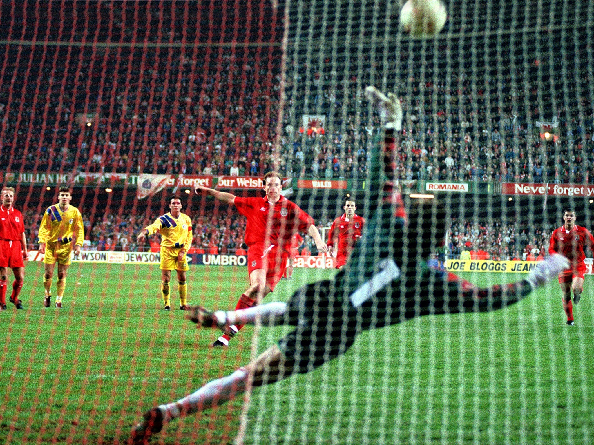 Paul Bodin hits the bar with his penalty against Romania in 1993, which led to them missing the World Cup