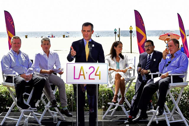 Los Angeles Mayor Eric Garcetti officially launching the Los Angeles 2024 Olympic bid in Santa Monica, California