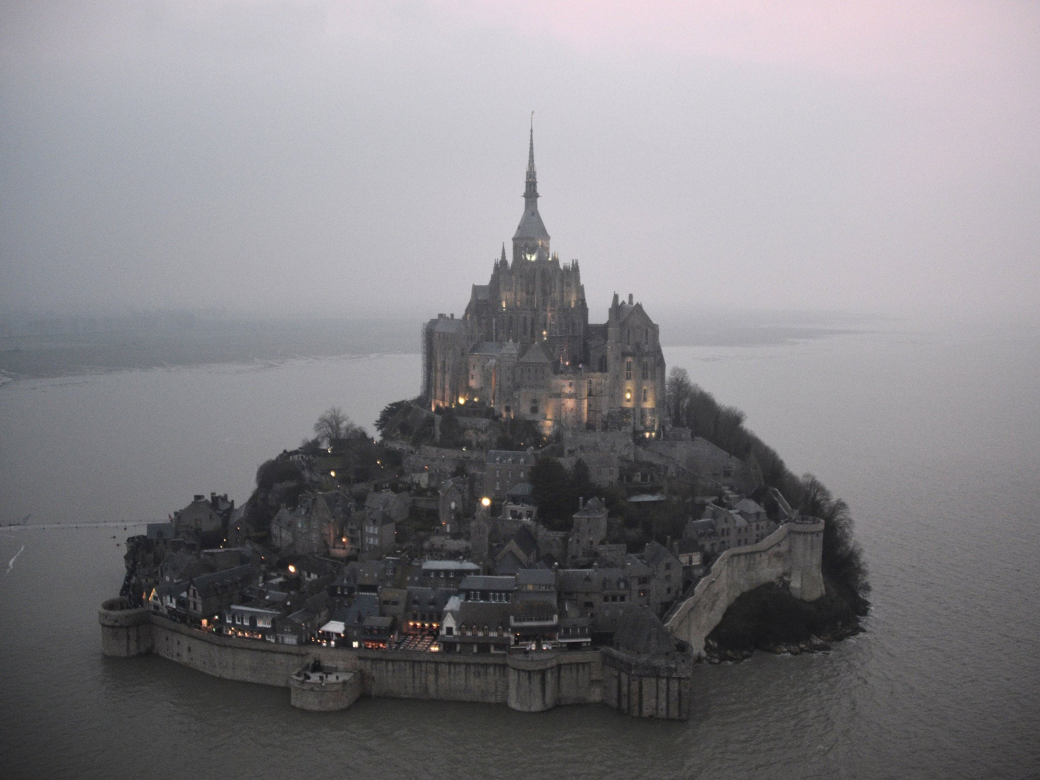 Mont-Saint-Michel surrounded by the sea during high tide