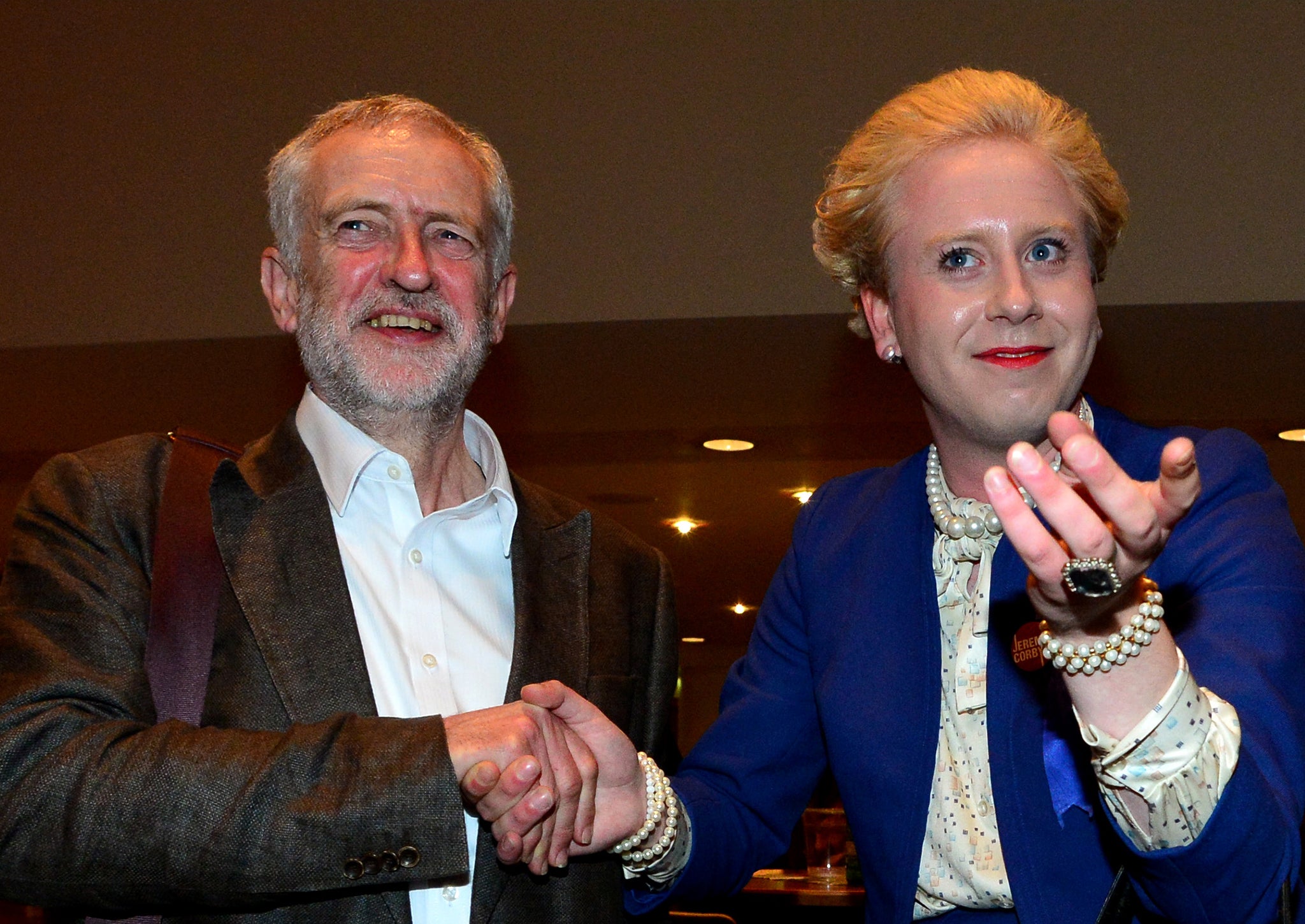 Jeremy Corbyn meets Edinburgh Fringe Festival comedy act Margaret Thatcher Queen of Soho while he campaigns in Scotland on August 14, 2015