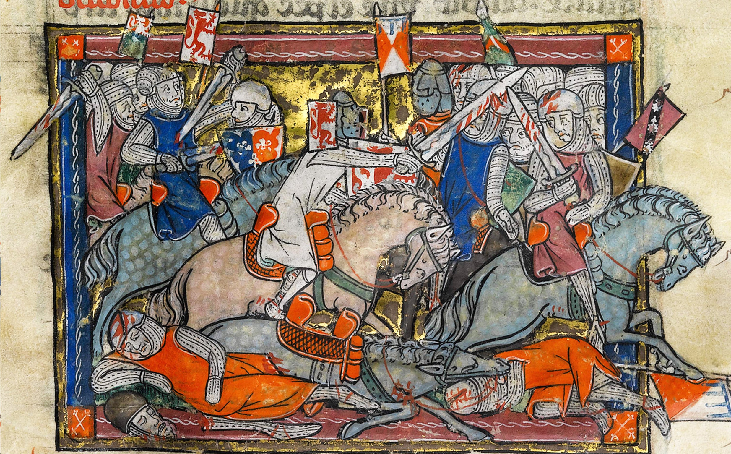 An illustration of King Arthur fighting the Saxons in the Rochefoucauld Grail manuscript