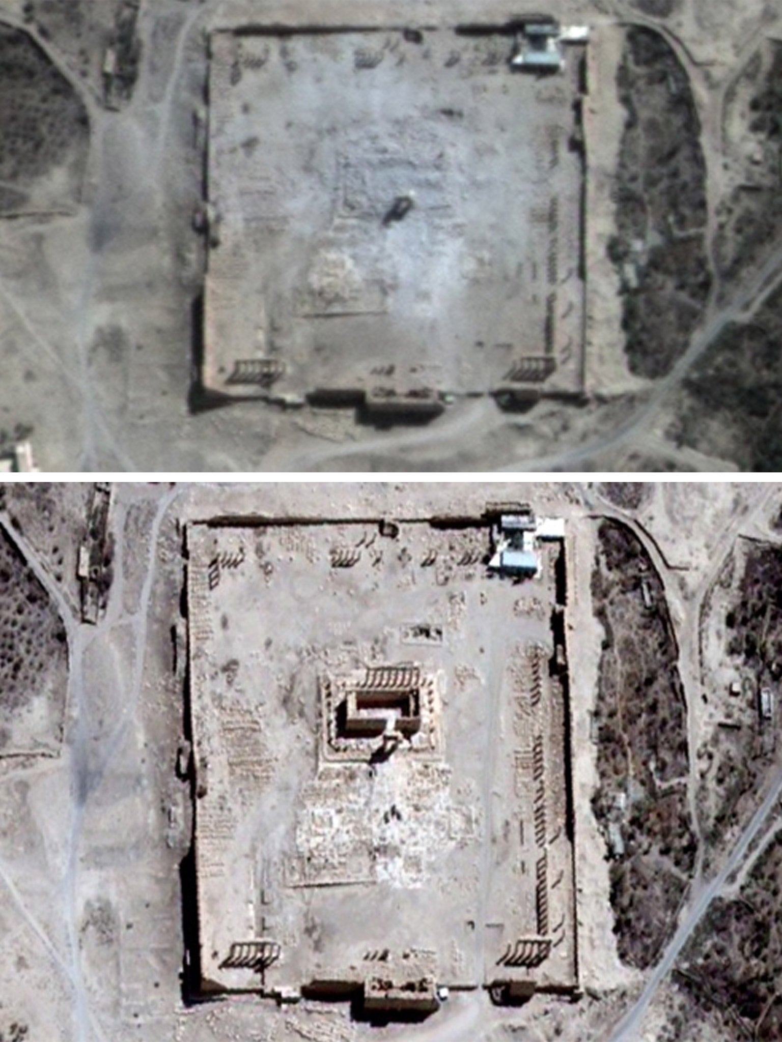 The Temple of Bel before (bottom) and after its destruction