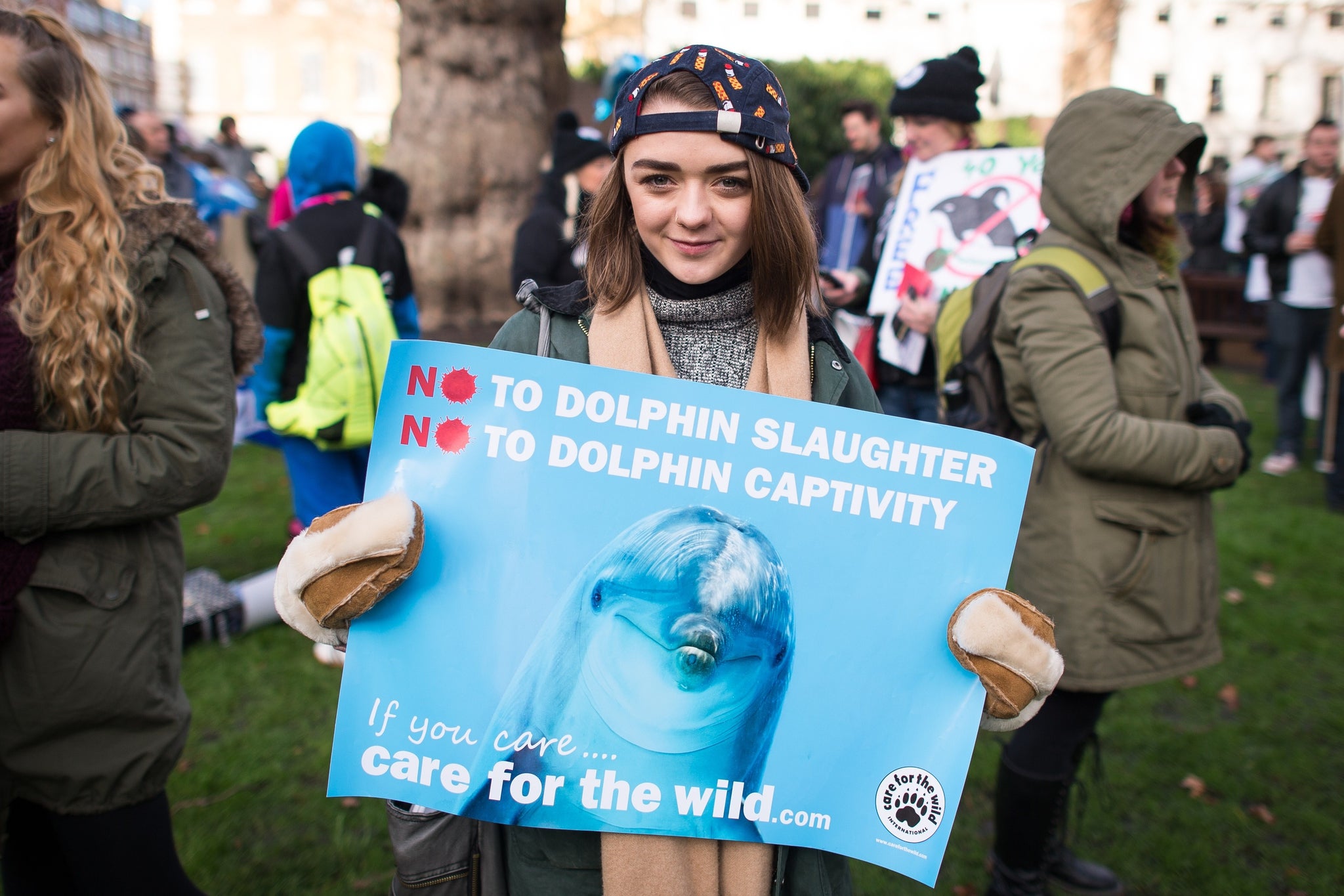 Game of Thrones actress Maisie Williams protests against the Taiji hunt in London in January 2015