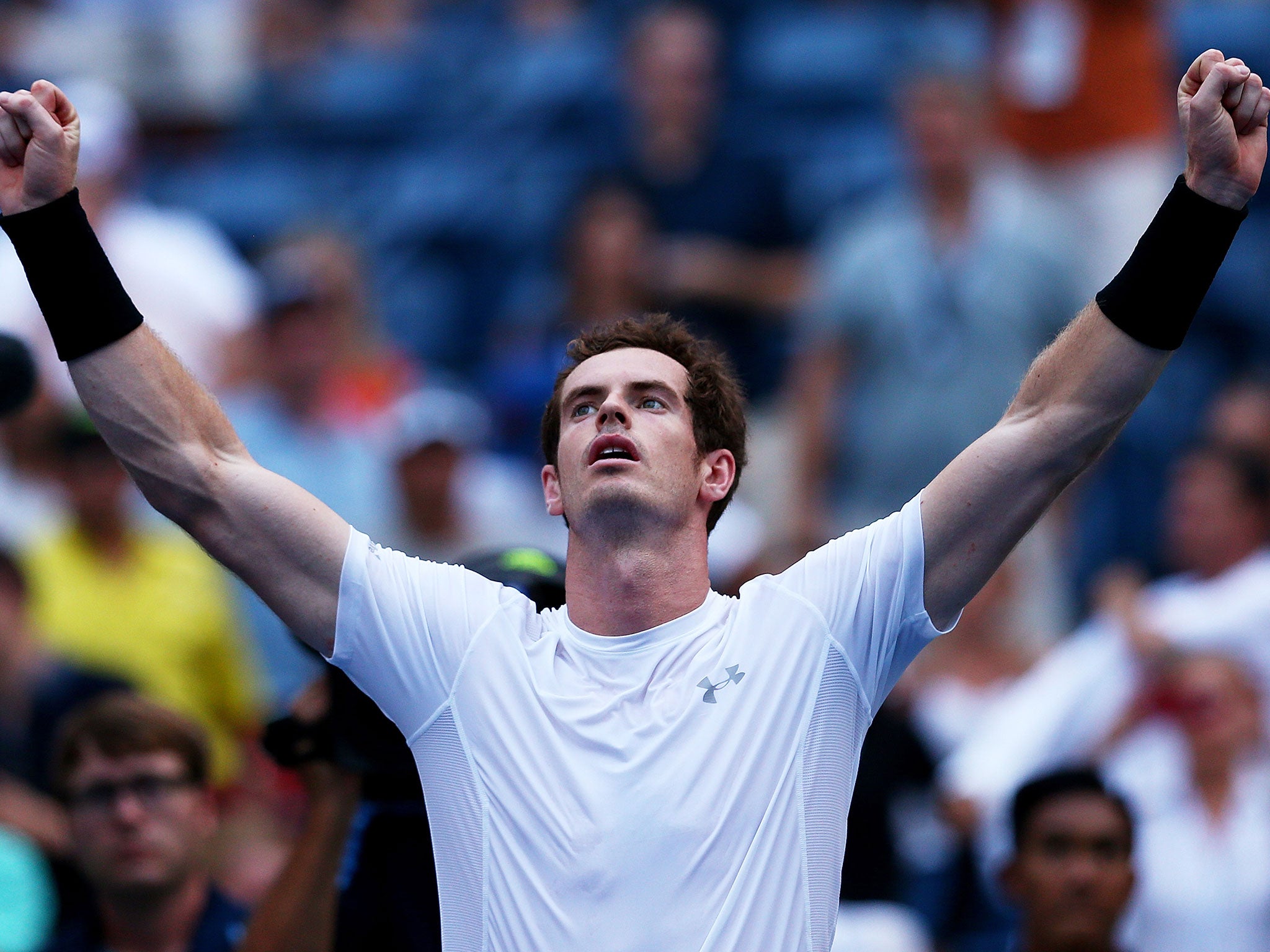 Andy Murray of Great Britain celebrates after defeating Adrian Mannarino of France in their Men's Singles Second Round match on Day Four of the 2015 US Open