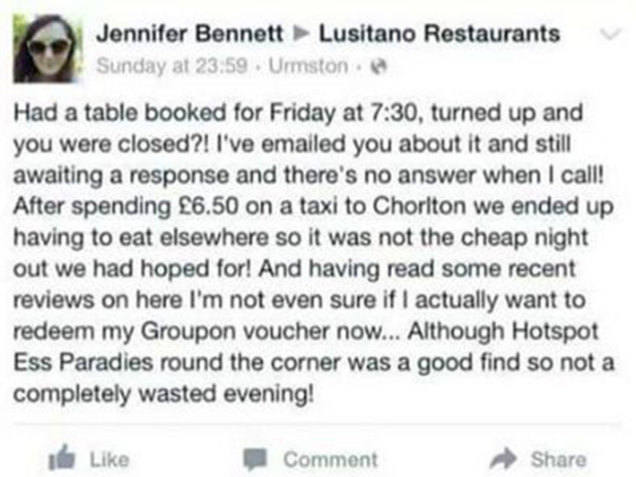 Jennifer Bennett posted a complaint on the company's Facebook page