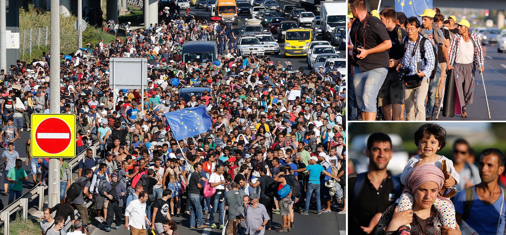 Refugees begin walking towards the Austrian border on September 4, 2015 in Bicske, near Budapest, Hungary.