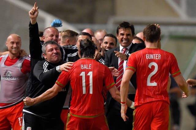 Gareth Bale celebrates with the Wales bench after scoring the winner against Cyprus
