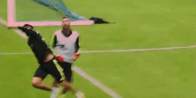 Diego Costa tripped by Sergio Ramos in Spain training