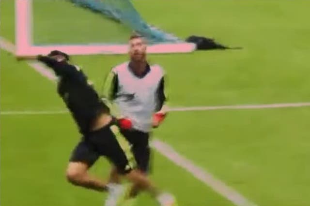 Diego Costa tripped by Sergio Ramos in Spain training