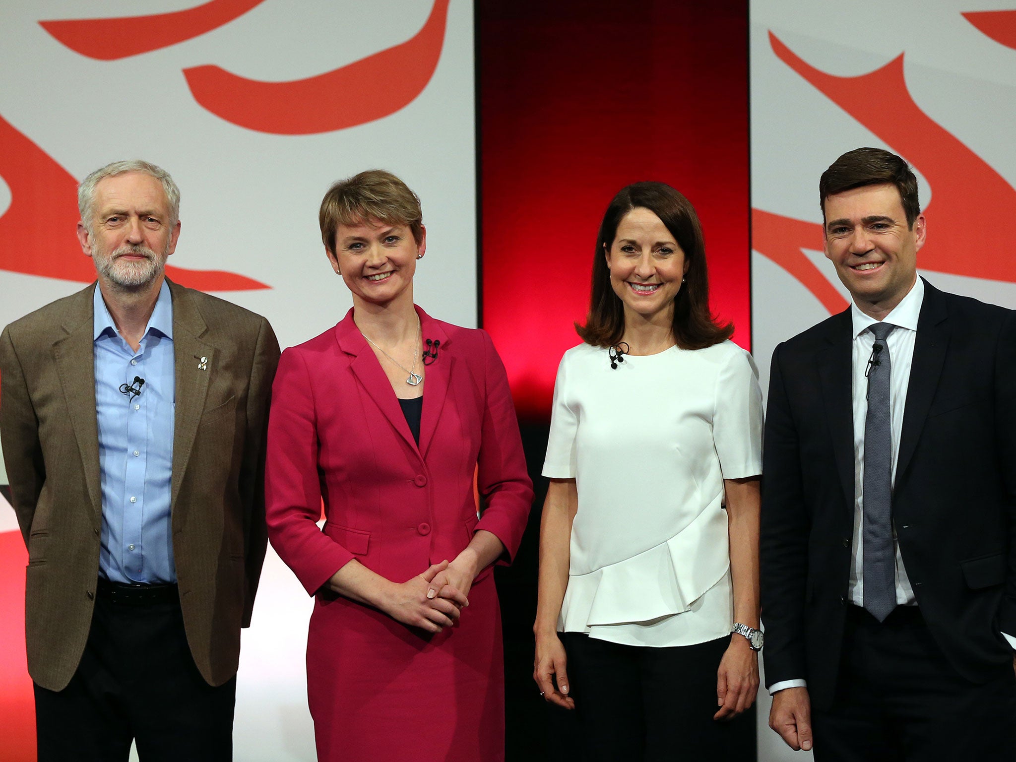 Labour leadership candidates from left, Jeremy Corbyn, Yvette Cooper, Liz Kendall, and Andy Burnham, pose for the media at the end of the Labour party leadership final debate 