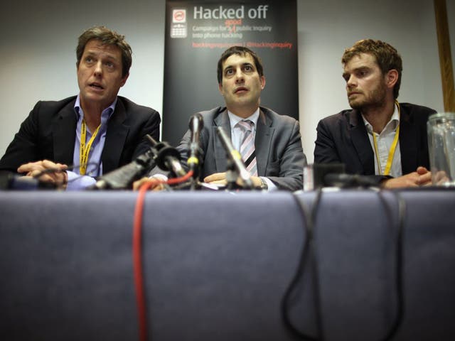 Hacked Off’s Hugh Grant, Evan Harris (centre) and founder Martin Moore in 2011