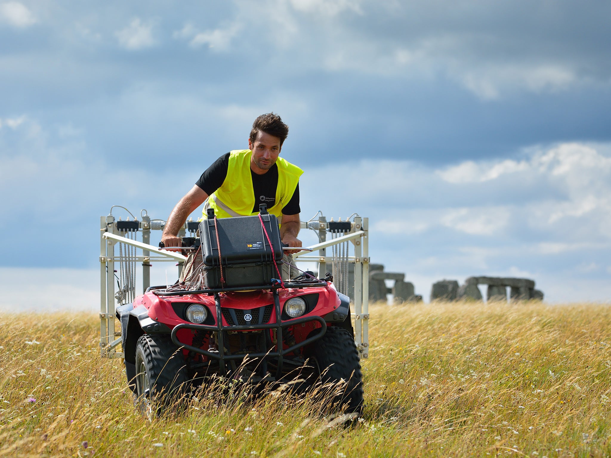 A motorized magnetometer system being used to survey the land around Stonehenge