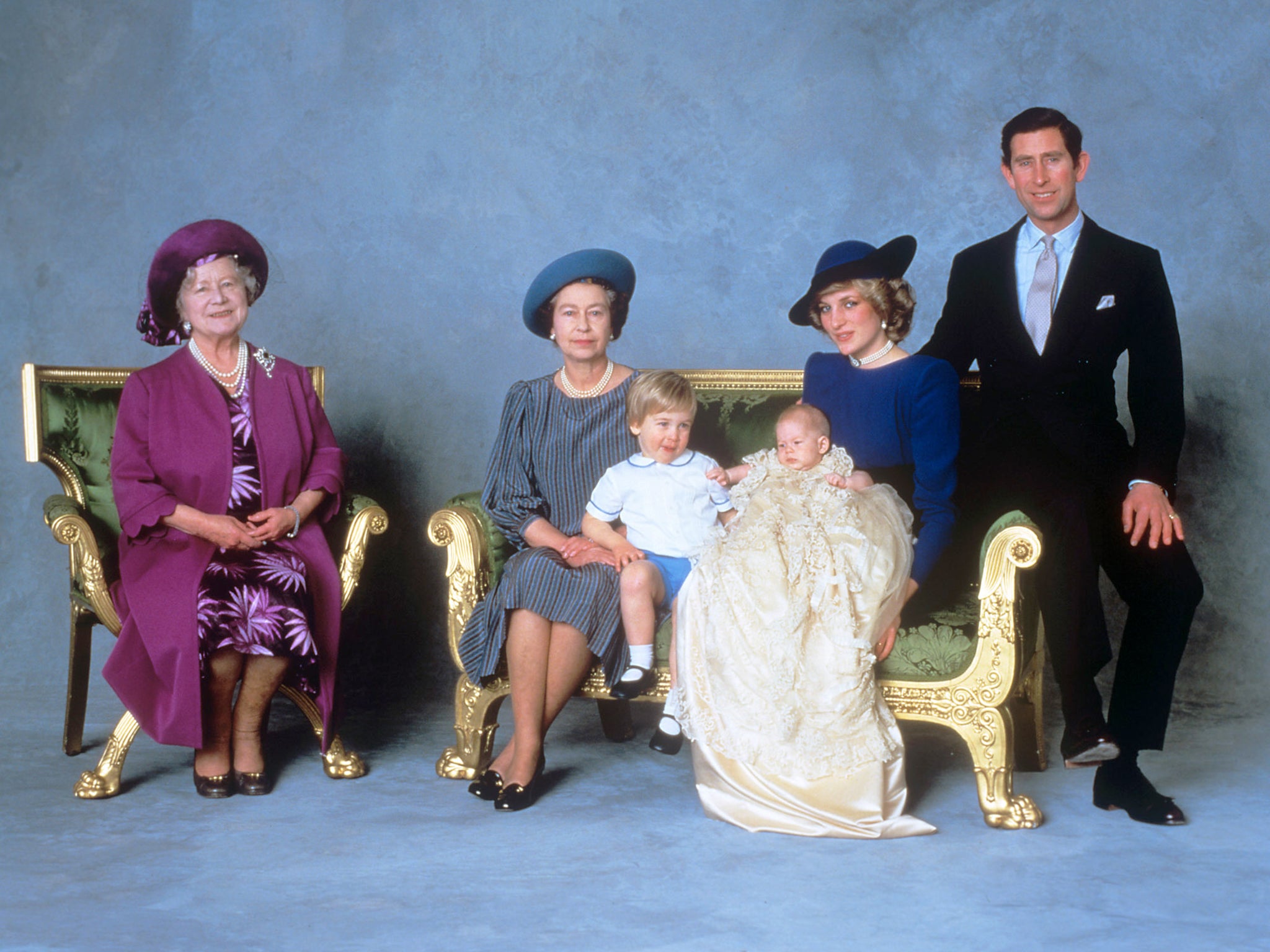 (Left to right) the Queen Mother, Queen Elizabeth II, Prince William, Prince Harry and the Prince and Princess of Wales after the christening ceremony of Prince Harry, 1984