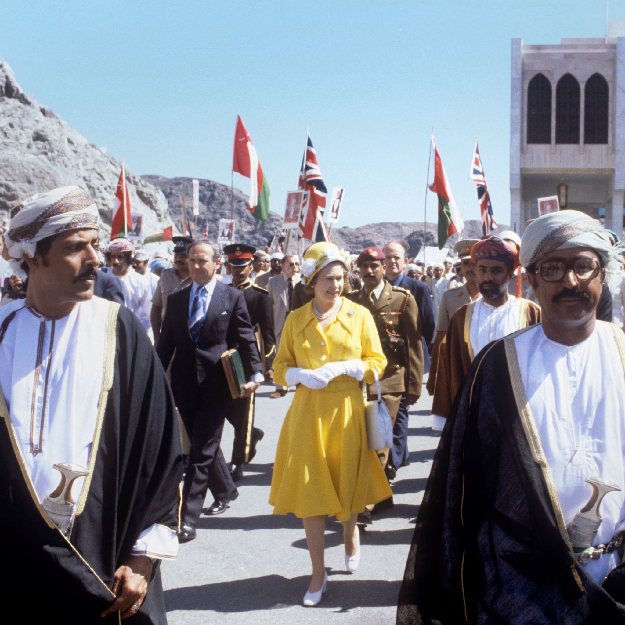 Queen Elizabeth II during a walkabout in Muscat while visiting Oman, 1979