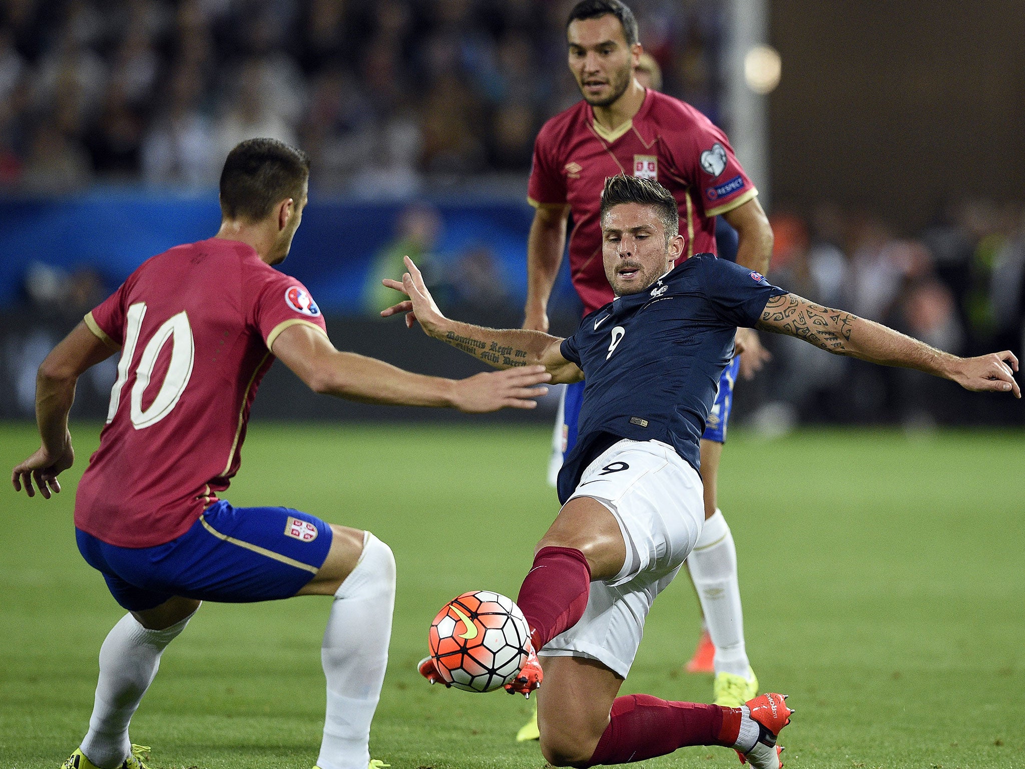 Olivier Giroud in action for France against Serbia