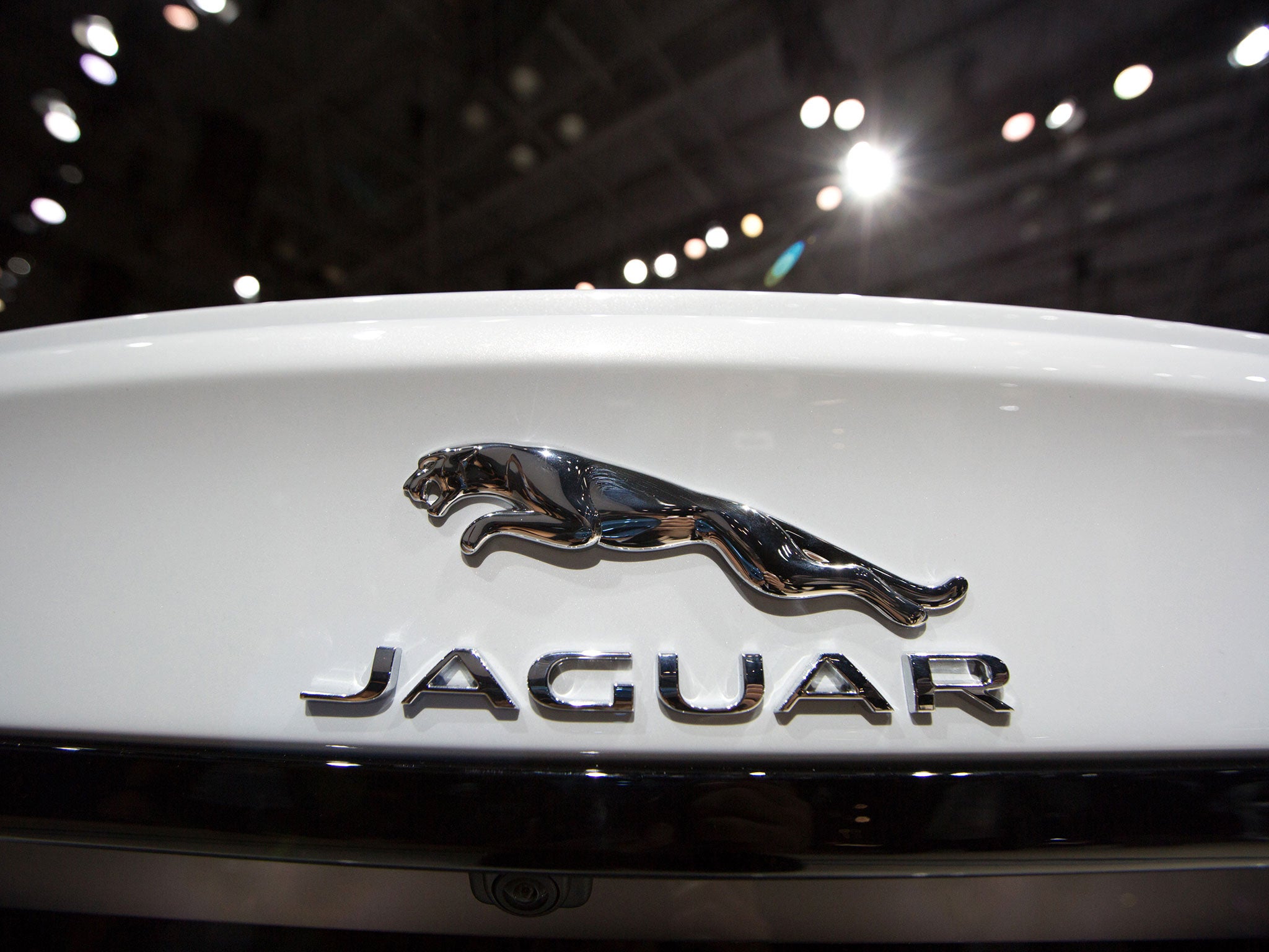 A detail of the exterior logo of the 2016 Jaguar XF as its introduced during press previews at the New York International Auto Show at the Javits Center on April 1, 2015 in New York City. The auto show opens to the public April 3-12.