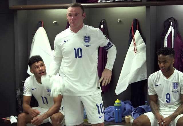 Wayne Rooney delivers a speech to his England teammates in the dressing room after the game