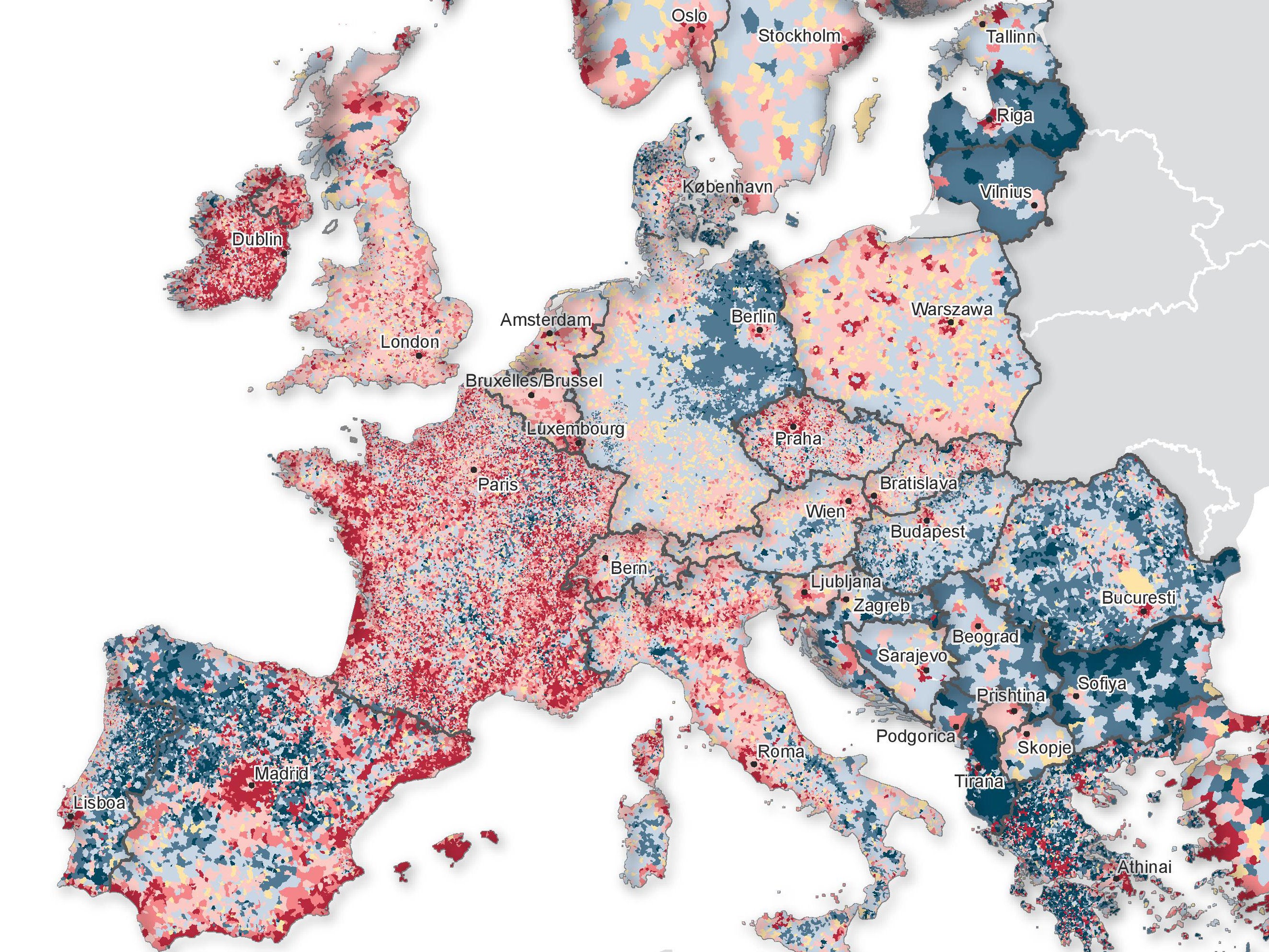 Many of the countries with more welcoming policies towards refugees have a declining population (seen in blue)