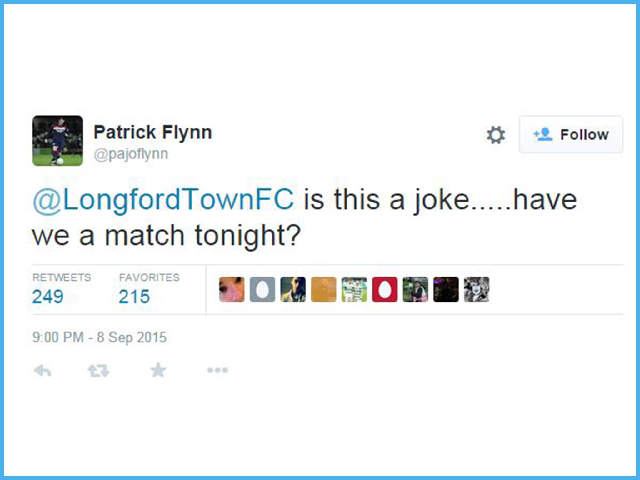 Patrick Flynn of Longford Town realises he should be playing