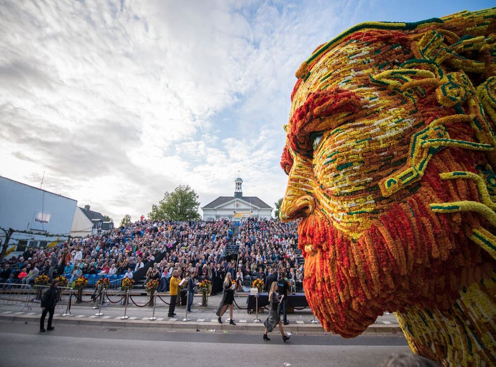 A giant head made of flowers