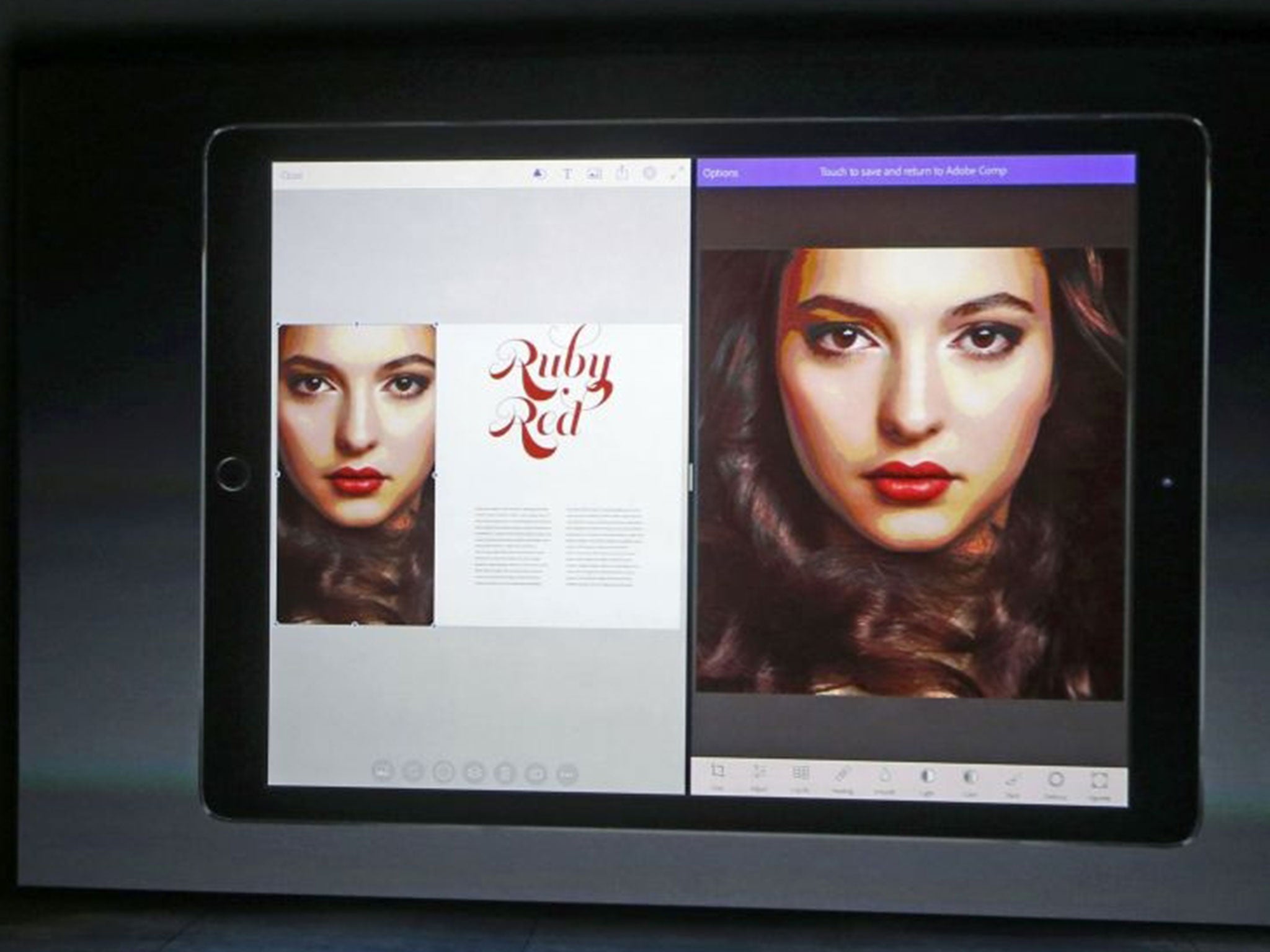 Adobe software is shown on the new iPad Pro during an Apple media event in San Francisco