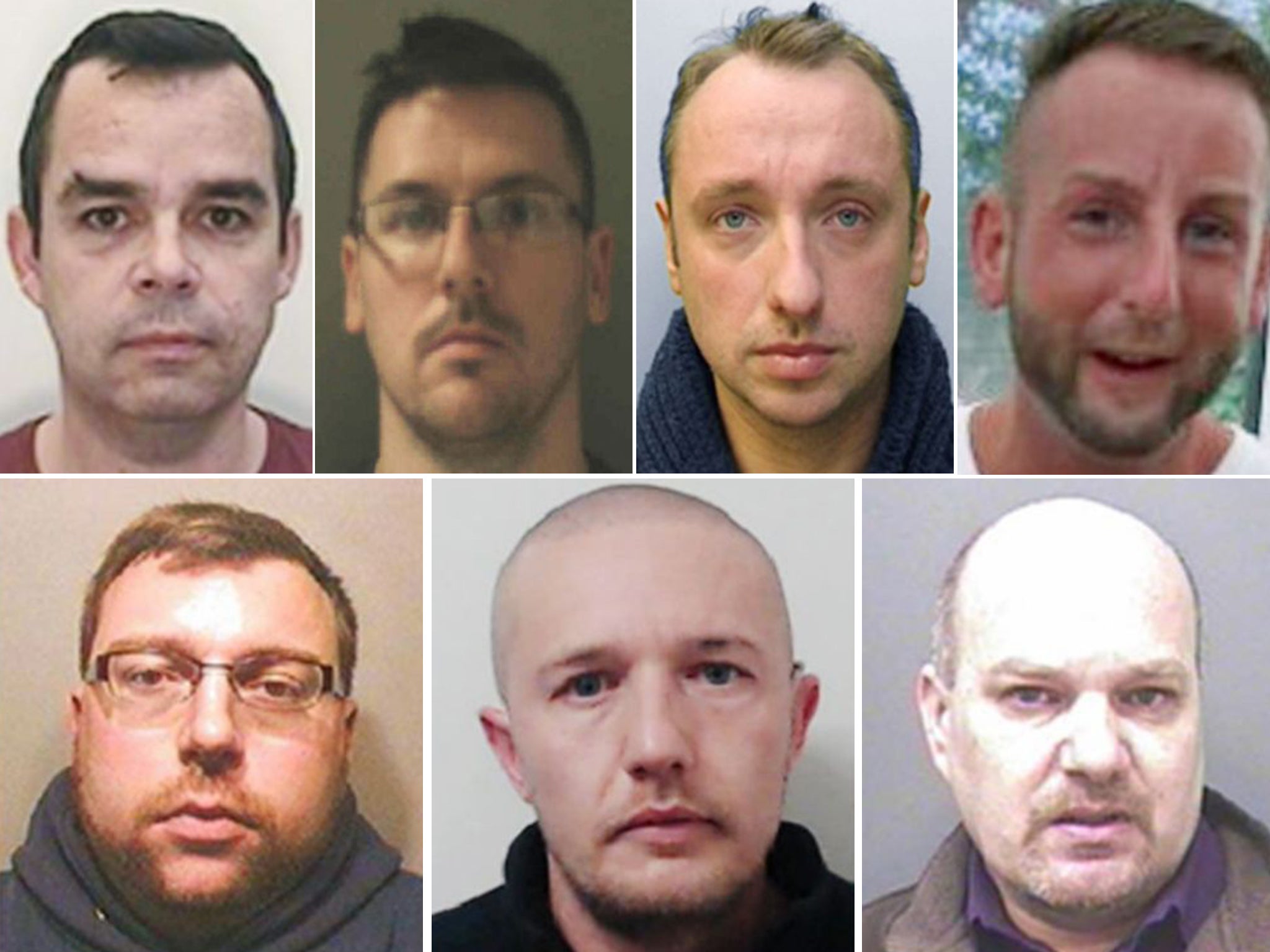 Top row, from left to right: John Denham, 49; Matthew Stansfield, 34; Matthew Lisk, 32; Adam Toms, 33. Bottom row, left to right: Robin Hollyson, 30; Chris Knight, 35; David Harsley, 51. The men were found guilty of plotting sex crimes against children at Bristol Crown Court