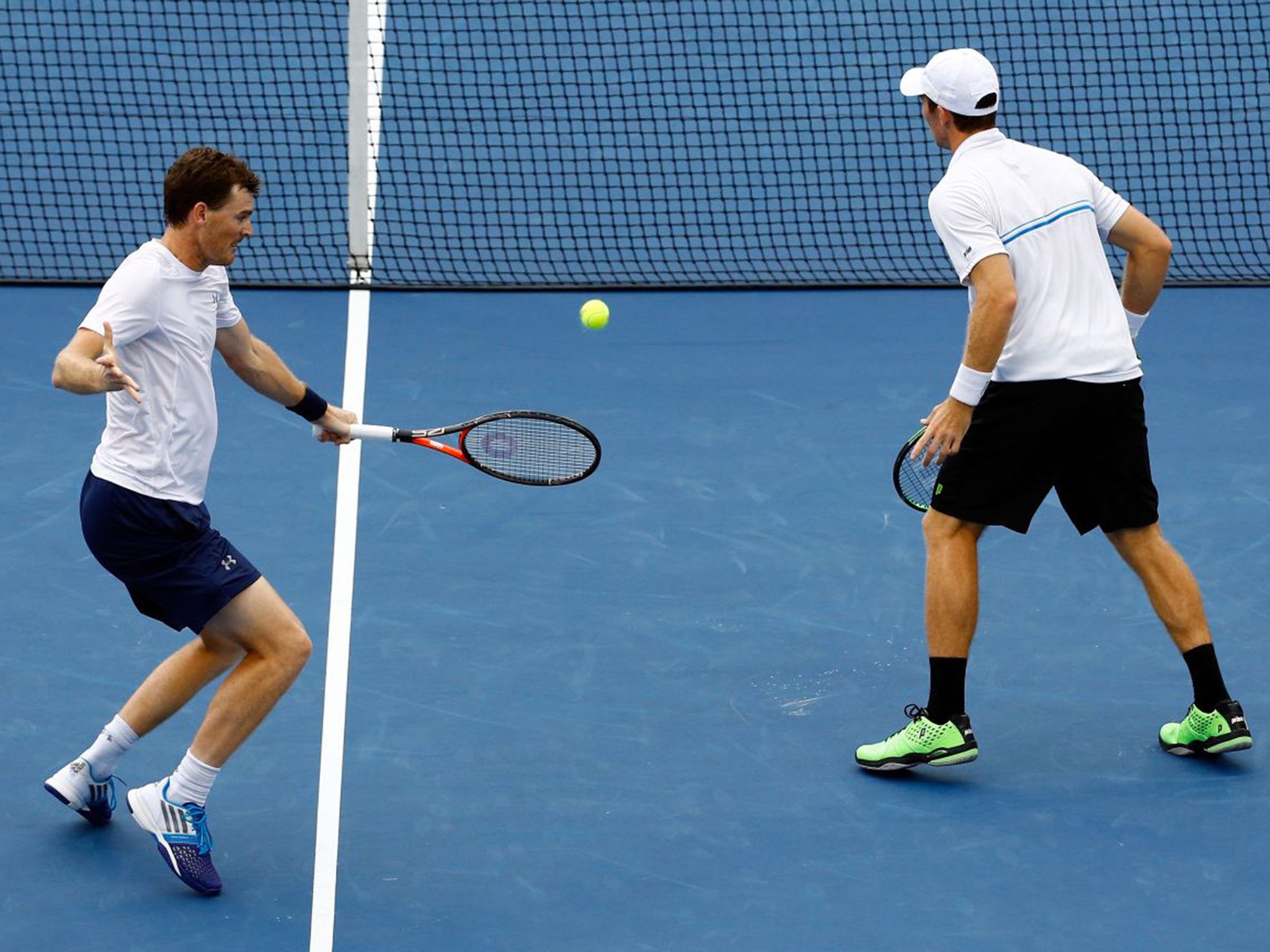 Jamie Murray unleashes a backhand during his victory with John Peers in the men’s doubles semi-final