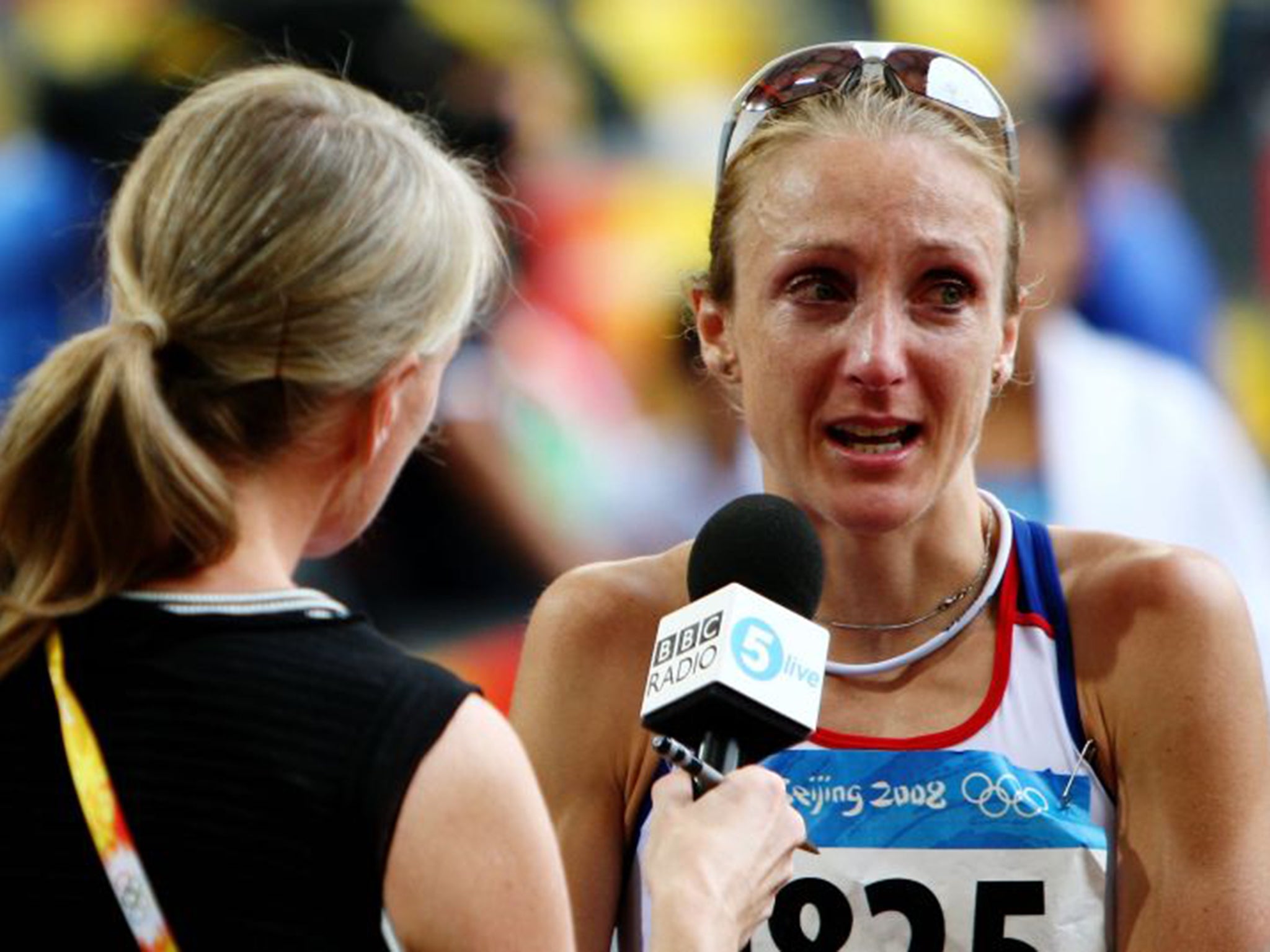 Paula Radcliffe being interviewed in tears after the women’s marathon at the 2008 Olympic Games in Beijing