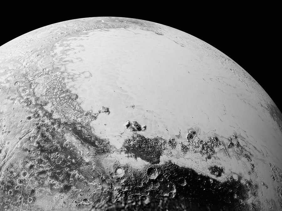 This synthetic perspective view of Pluto, based on the latest high-resolution images to be downlinked from NASA’s New Horizons spacecraft, shows what you would see if you were approximately 1,100 miles (1,800 kilometers) above Pluto’s equatorial area, loo