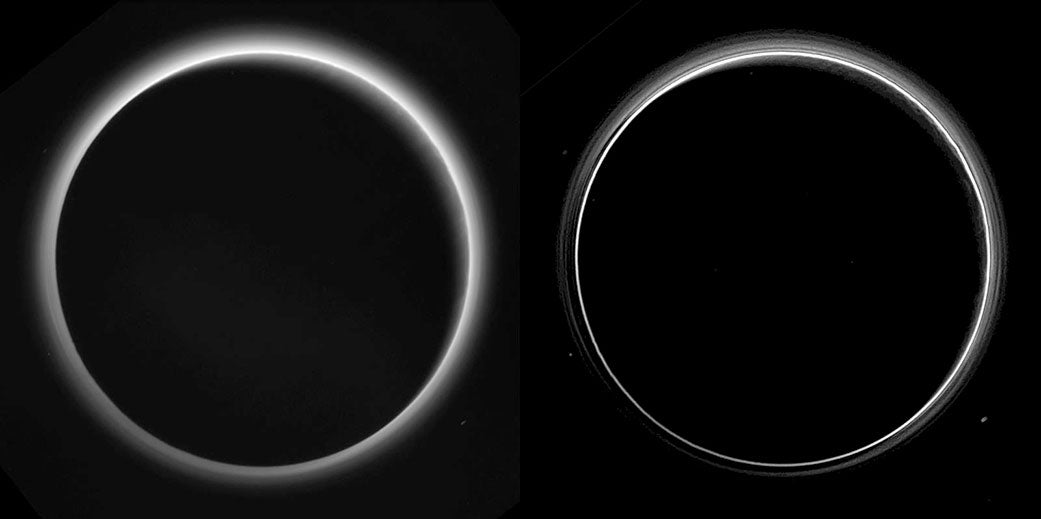 Two different versions of an image of Pluto’s haze layers, taken by New Horizons as it looked back at Pluto's dark side nearly 16 hours after close approach, from a distance of 480,000 miles (770,000 kilometers), at a phase angle of 166 degrees