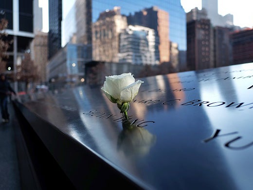 A white rose at the National September 11 Memorial in New York