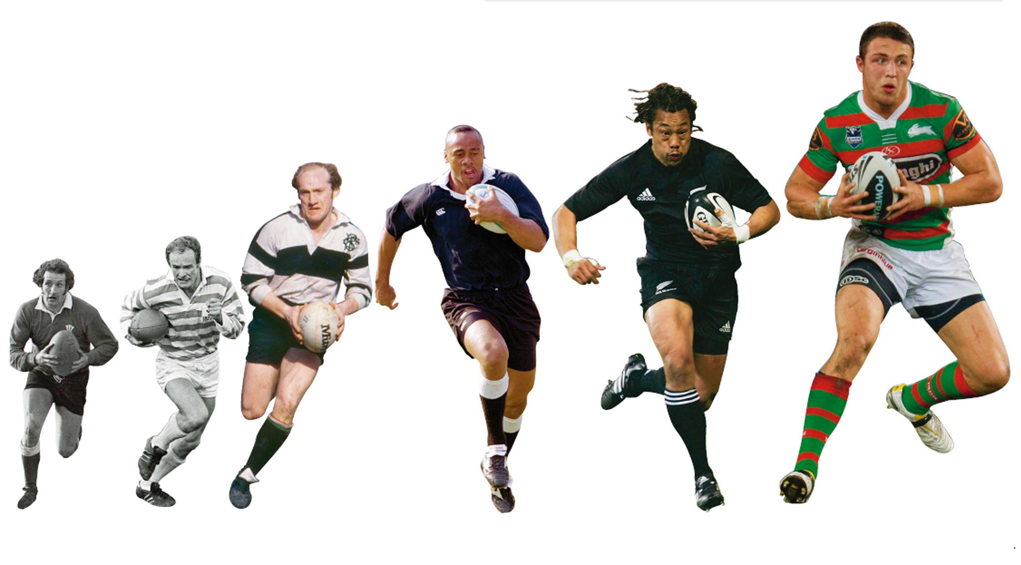 The growth of players, from left: Wales's Gareth Edwards, 1973; Ireland's Mike Gibson, playing for Cambridge, 1973; Les Cusworth of the Barbarians, 1981; Jonah Lomu of New Zealand, 1998; Tana Umaga of New Zealand, 2005; England’s Sam Burgess, 2010