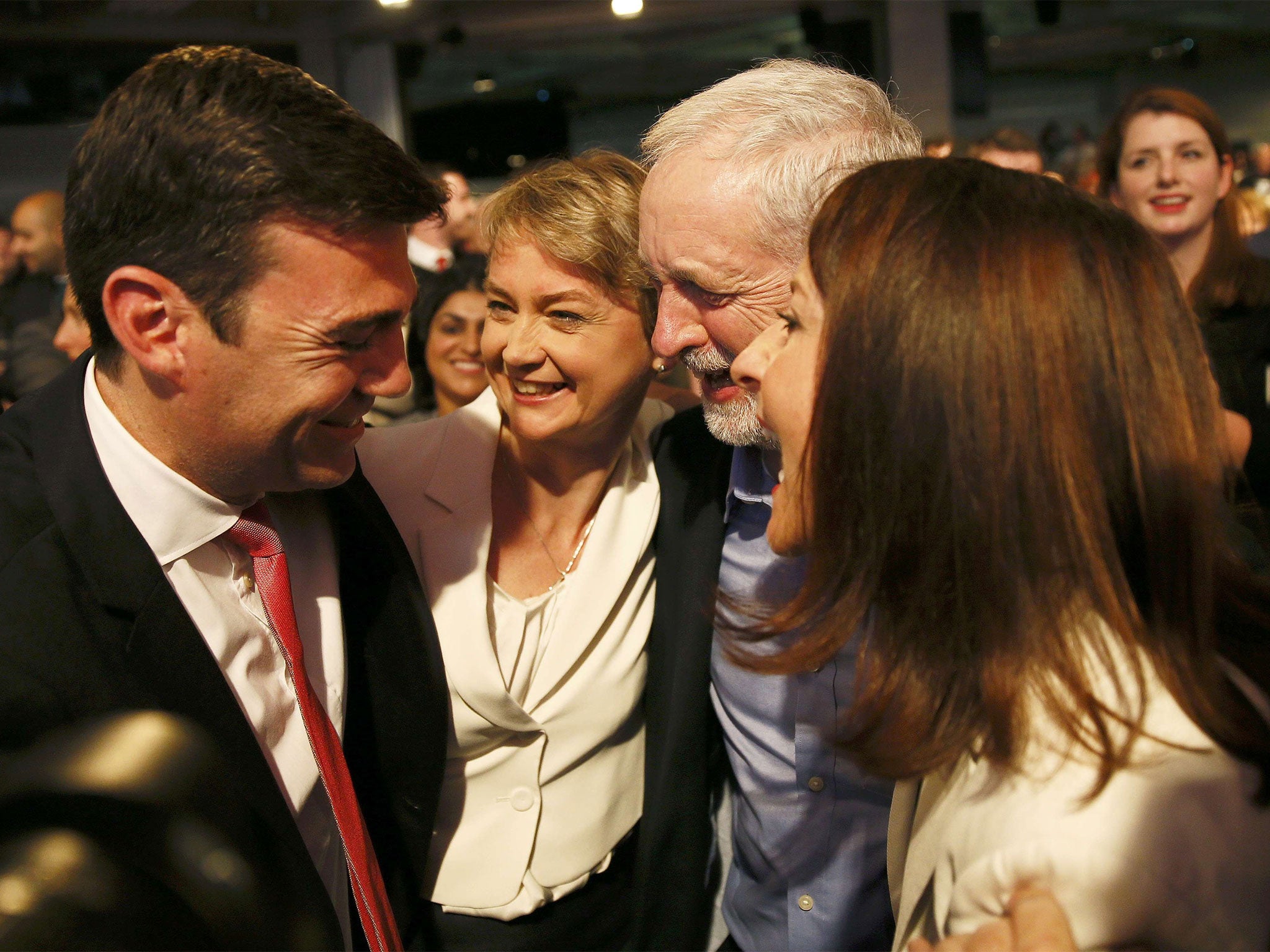 Andy Burnham, Yvette Cooper and Liz Kendall congratulate Jeremy Corbyn on his victory