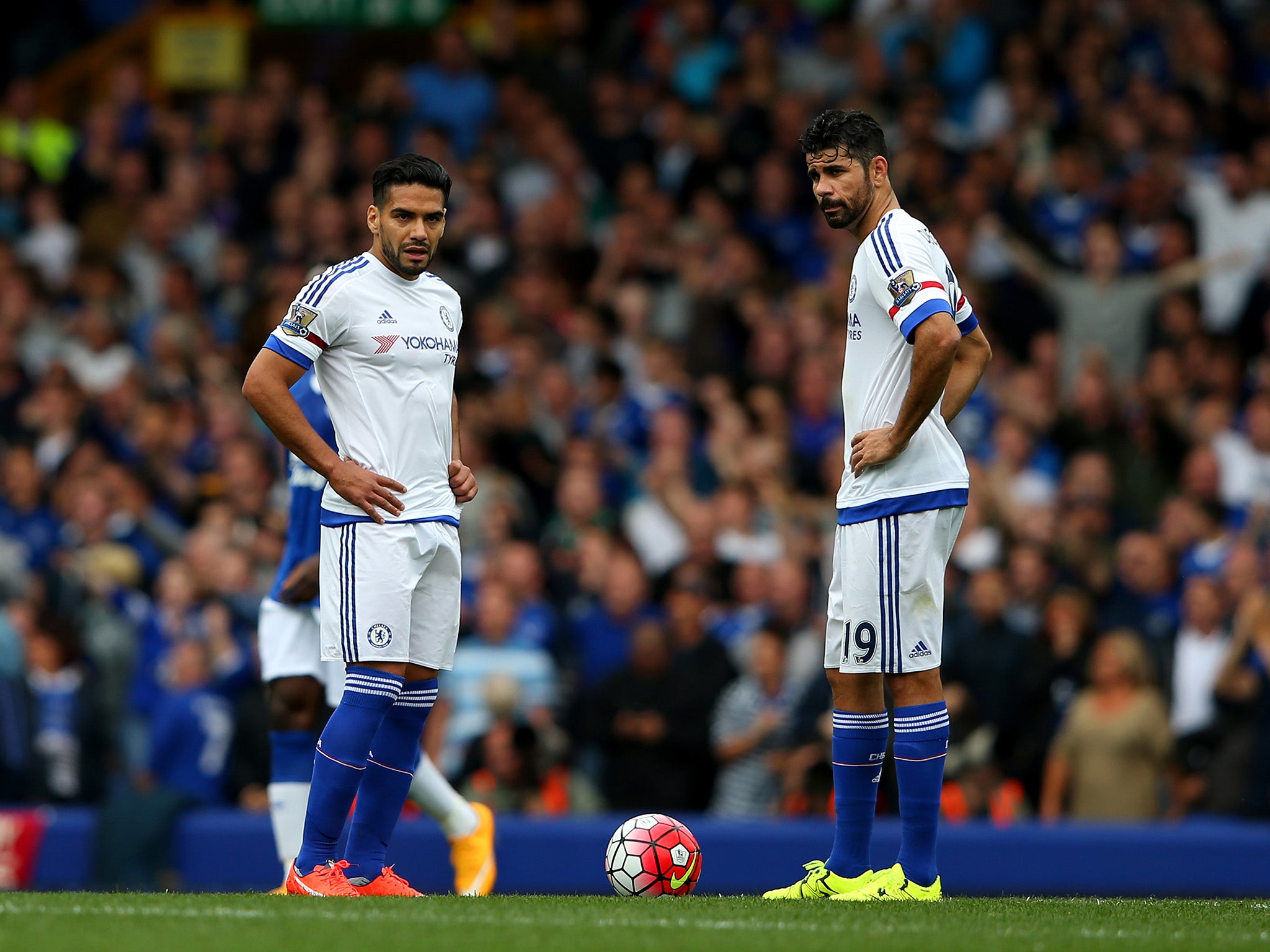 Chelsea's Radamel Falcao and Diego Costa look dejected after Everton's third goal