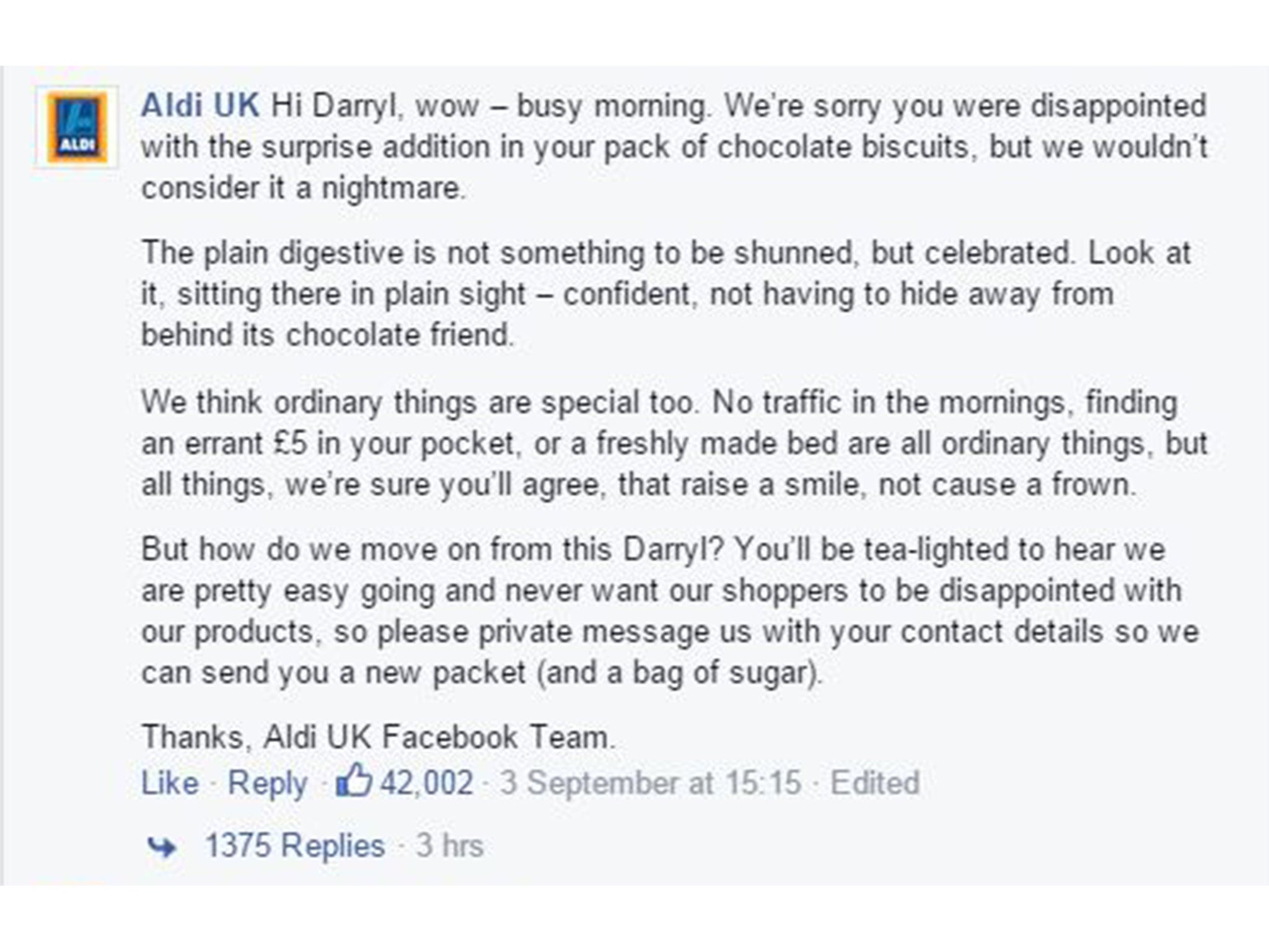 Aldi's customer service team matched Darryl's sense of humour