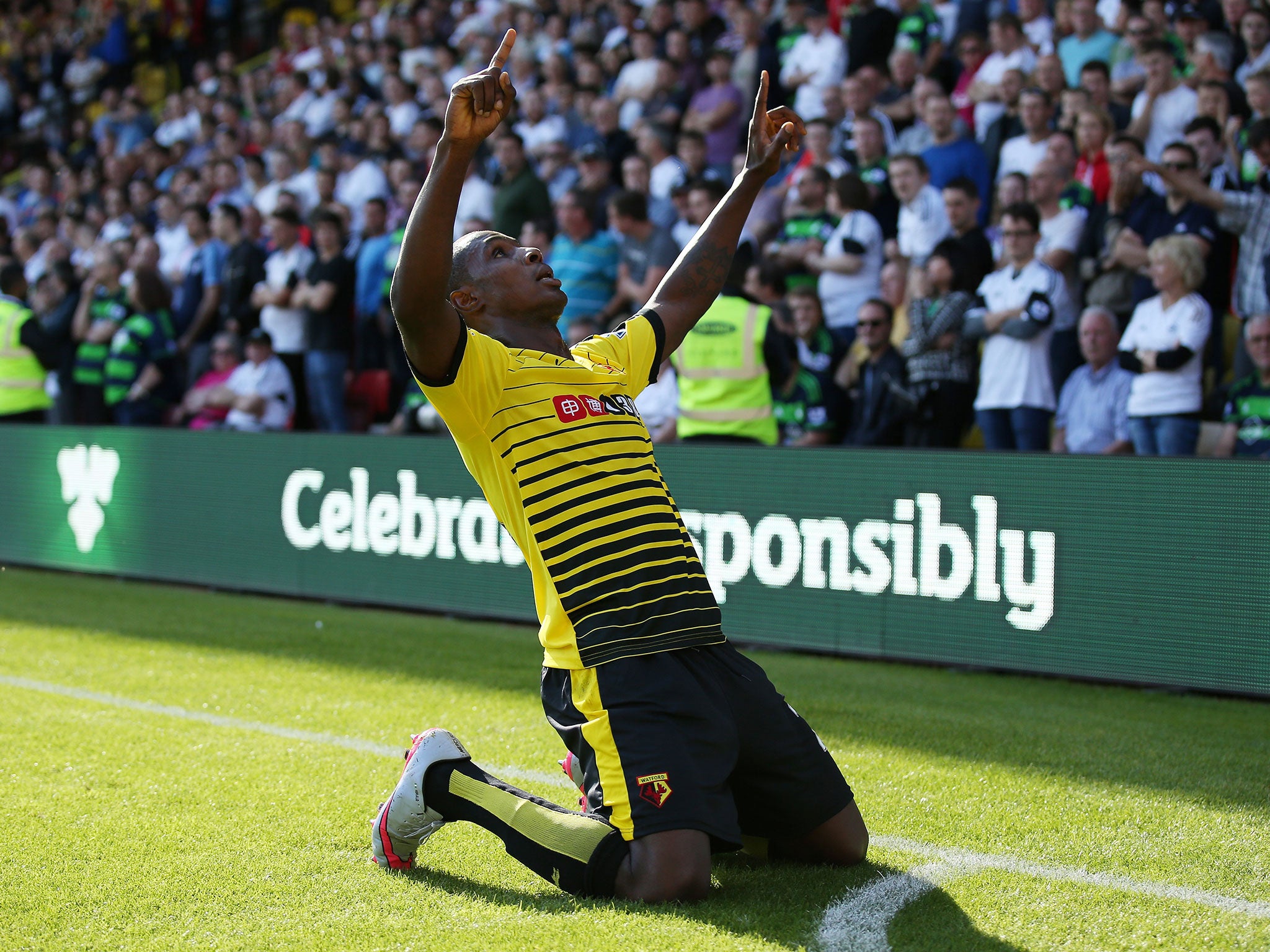 Watford striker Odion Ighalo celebrates scoring against Swansea