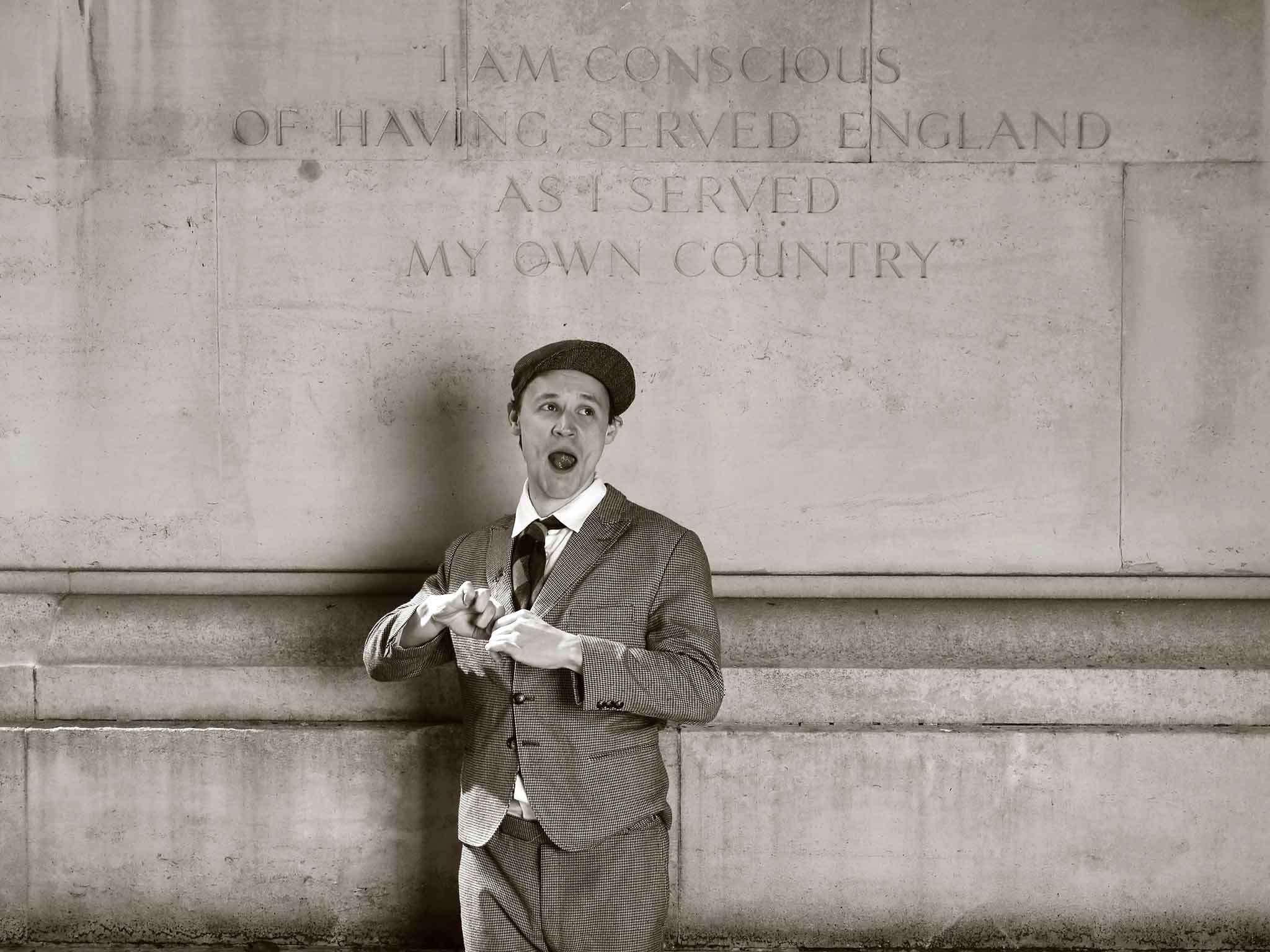 If the cap fits: Jack Lane as Norman Wisdom at the Marshal Foch statue in London, where Wisdom once slept rough