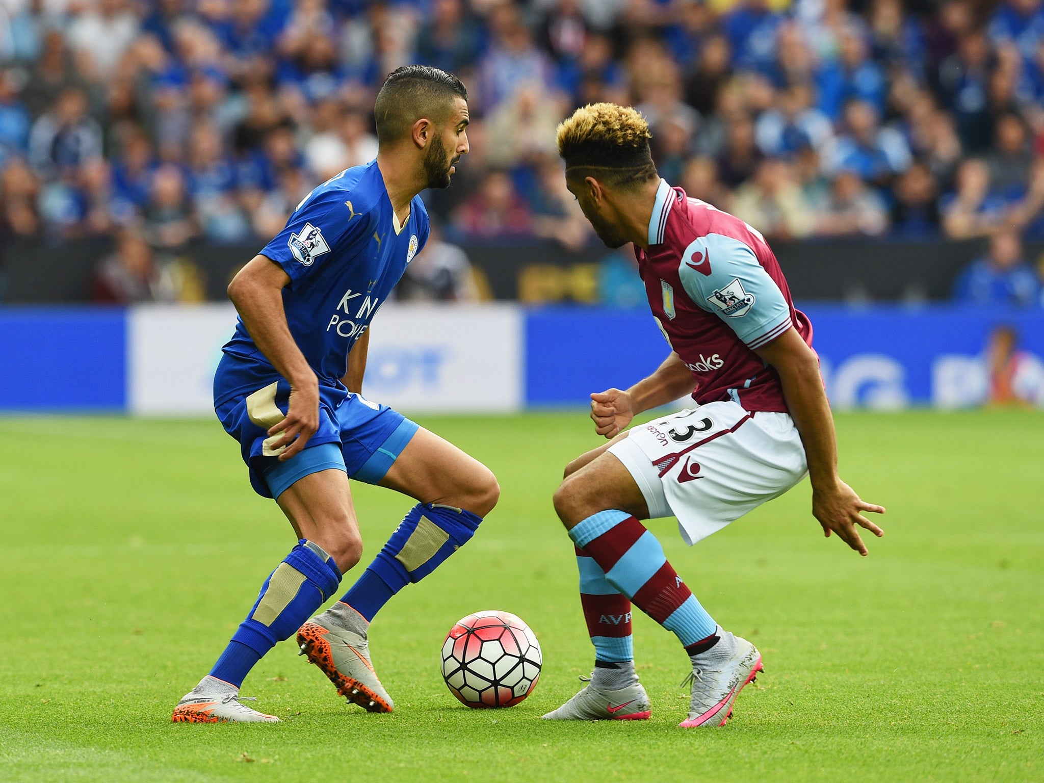 Riyad Mahrez in action for Leicester City against Aston Villa