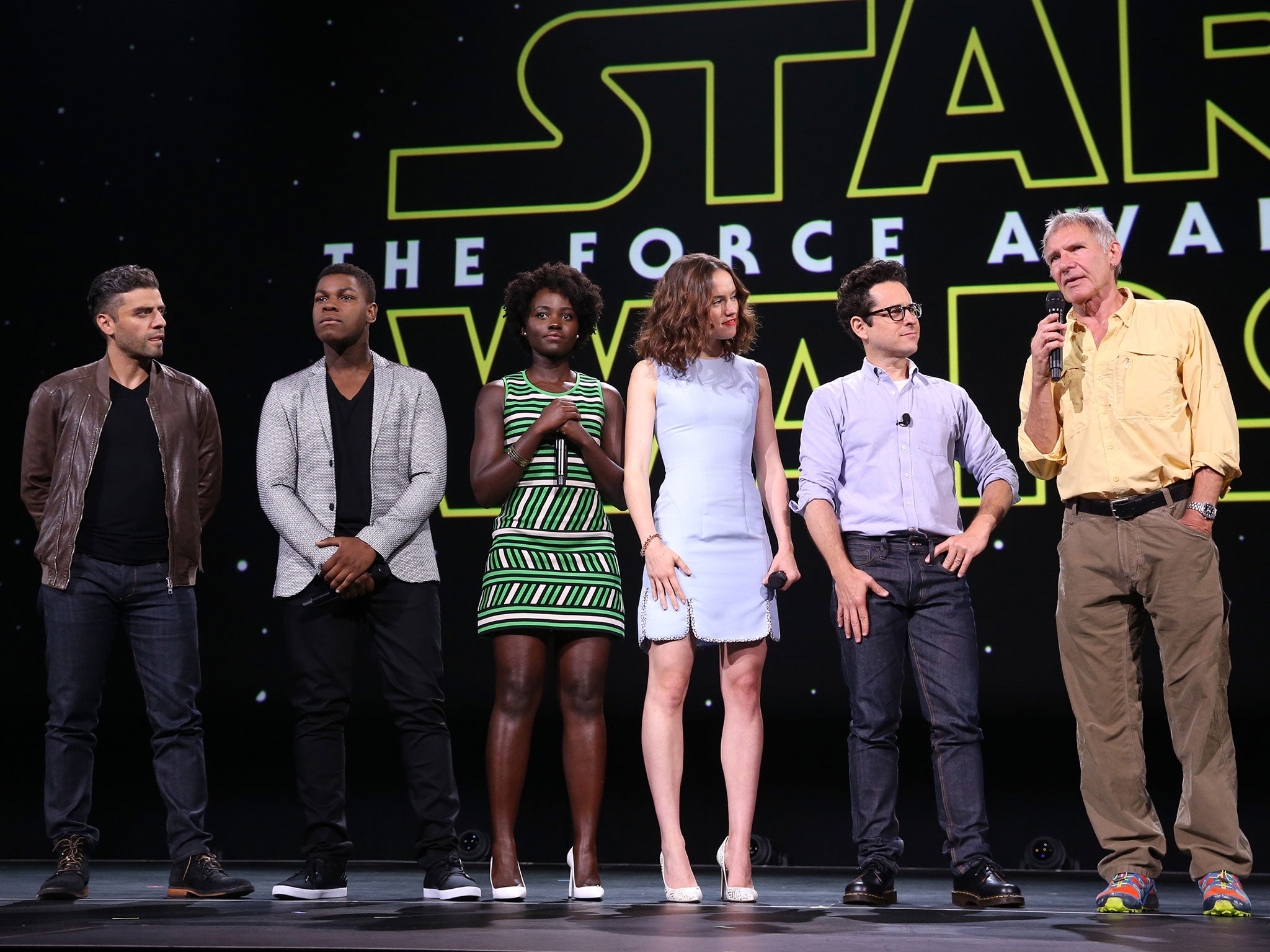 Just some of the cast from Star Wars: The Force Awakens. From Left to right, actors Oscar Isaac, John Boyega, Lupita Nyong'o, Daisy Ridley, director J.J. Abrams and actor Harrison Ford
