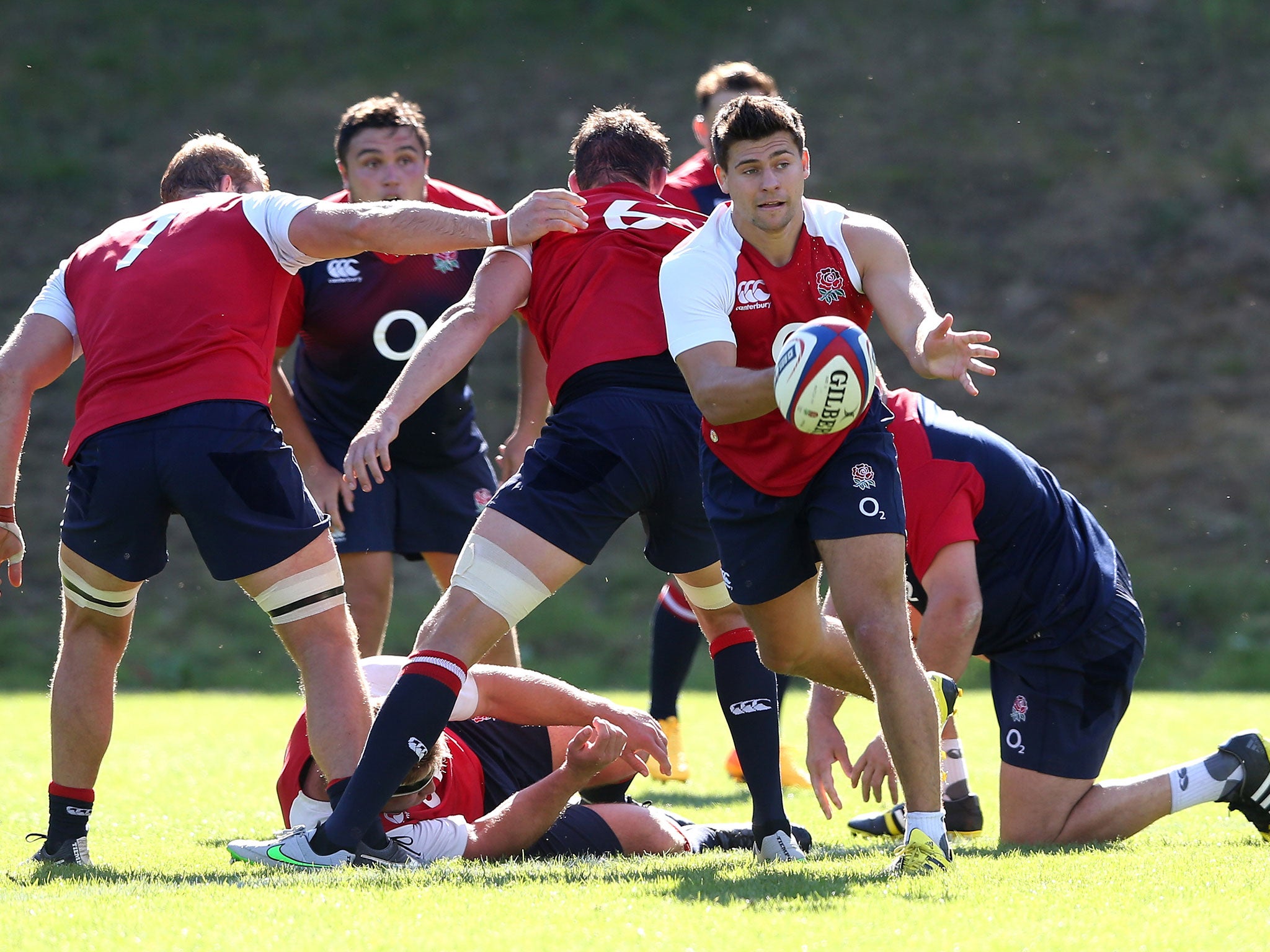 Ben Youngs passes the ball during an England training session in Surrey